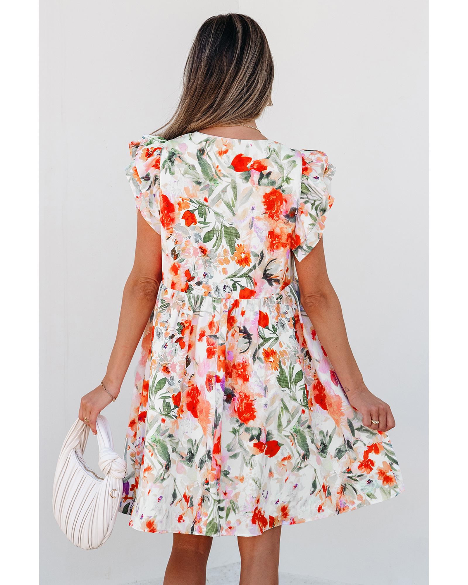 Pink Floral Double Ruffle Sleeve V Neck High Waist Mini Dress - XL