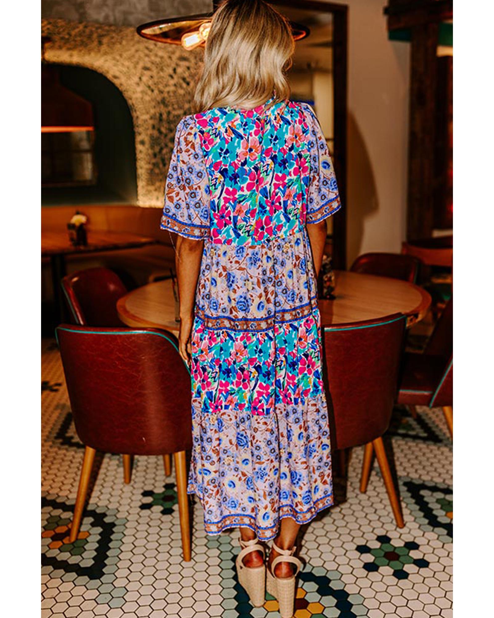 Sky Blue Mixed Floral Print Tie Split Neck Short Sleeve Dress - L