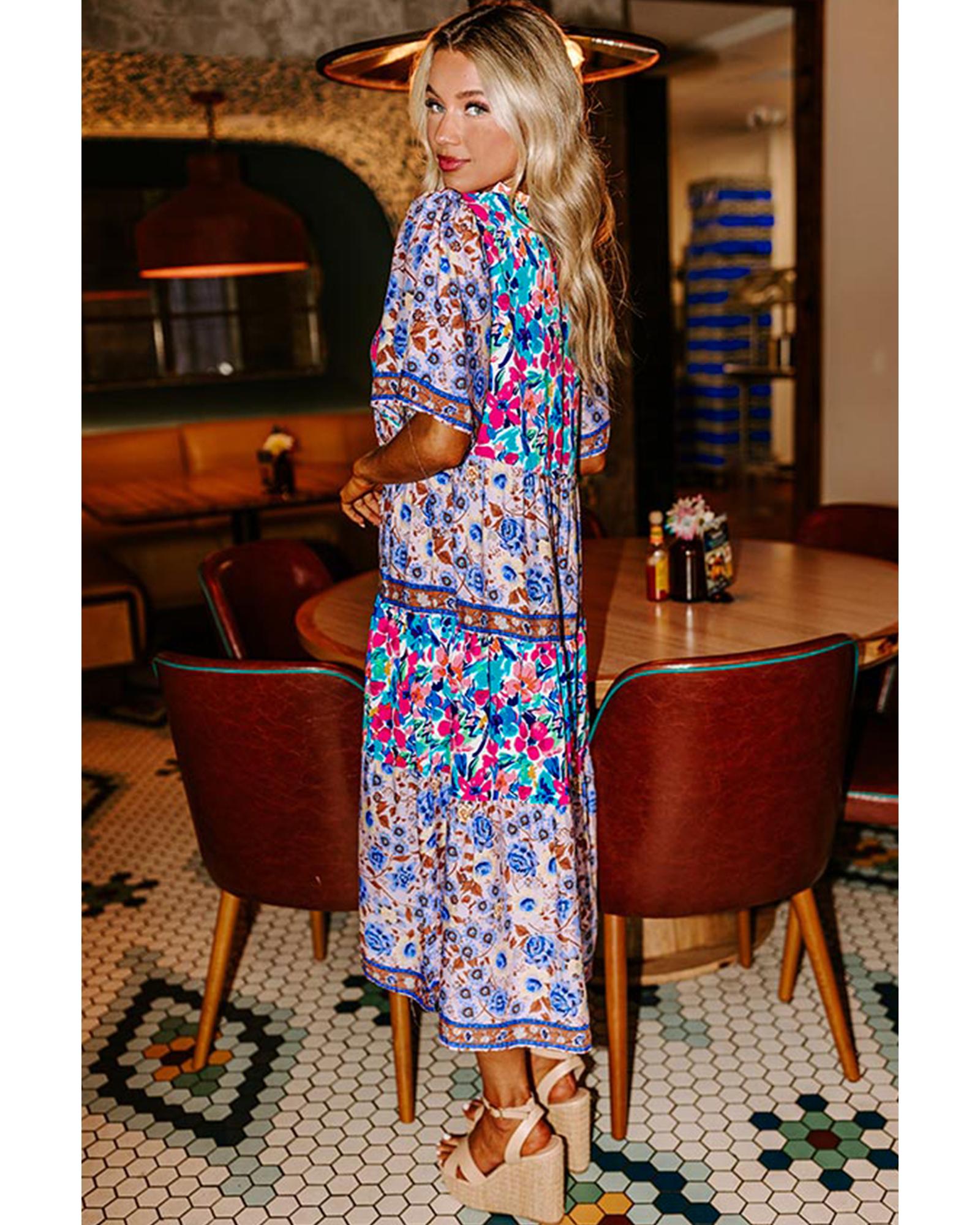 Sky Blue Mixed Floral Print Tie Split Neck Short Sleeve Dress - M