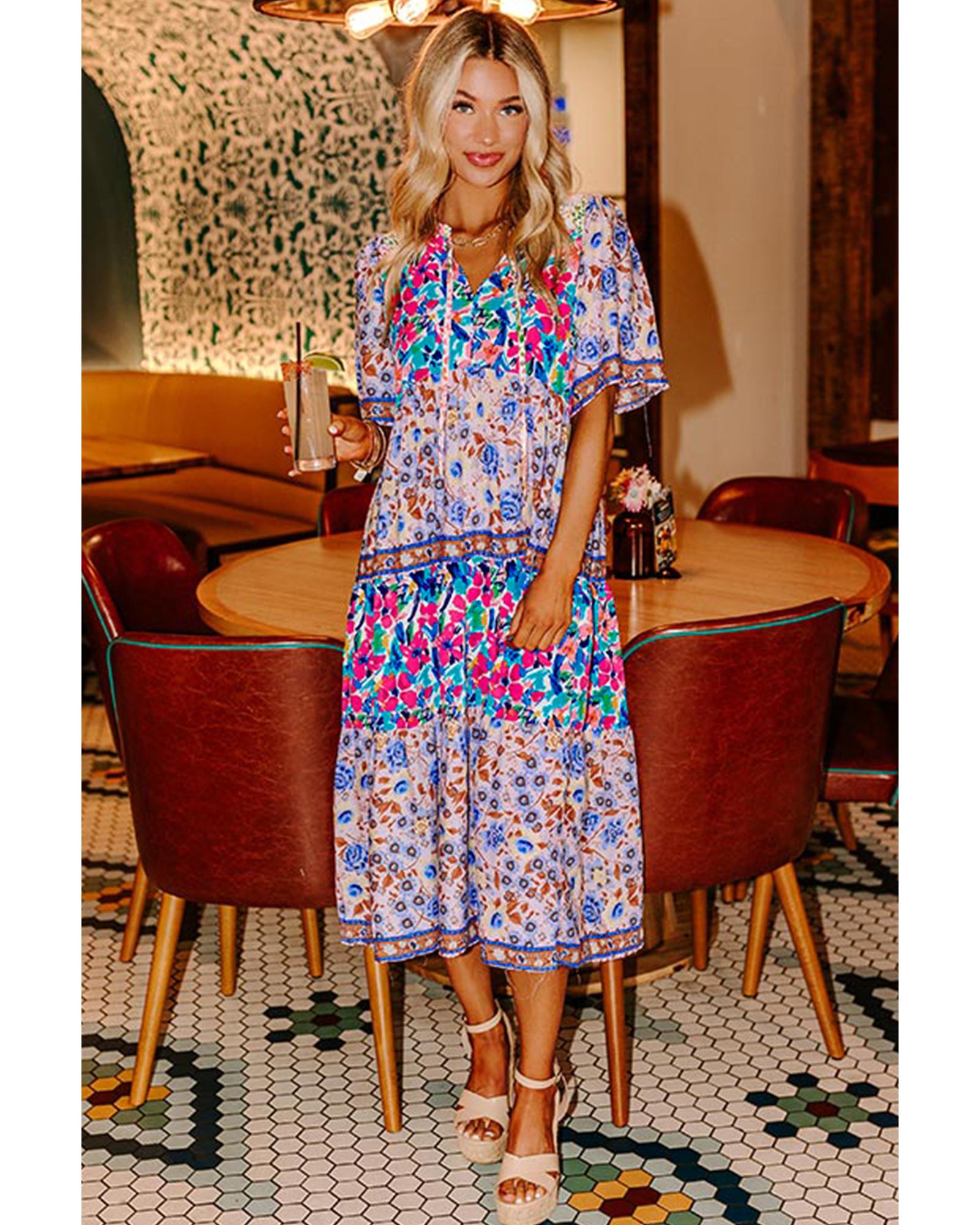 Sky Blue Mixed Floral Print Tie Split Neck Short Sleeve Dress - M