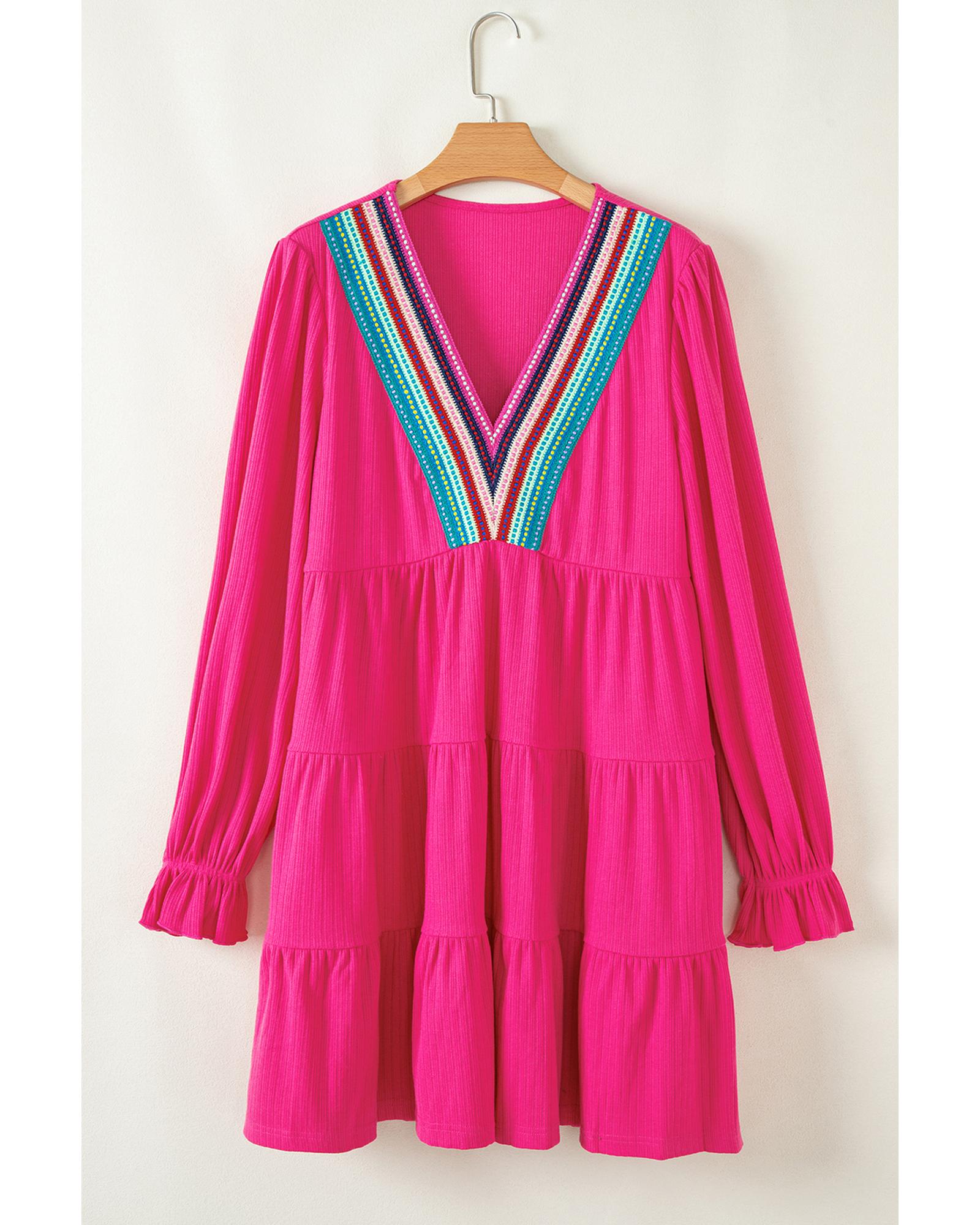 Rose Red Colorful Crochet V Neck Textured Tiered Ruffled Long Sleeve Mini Dress - L