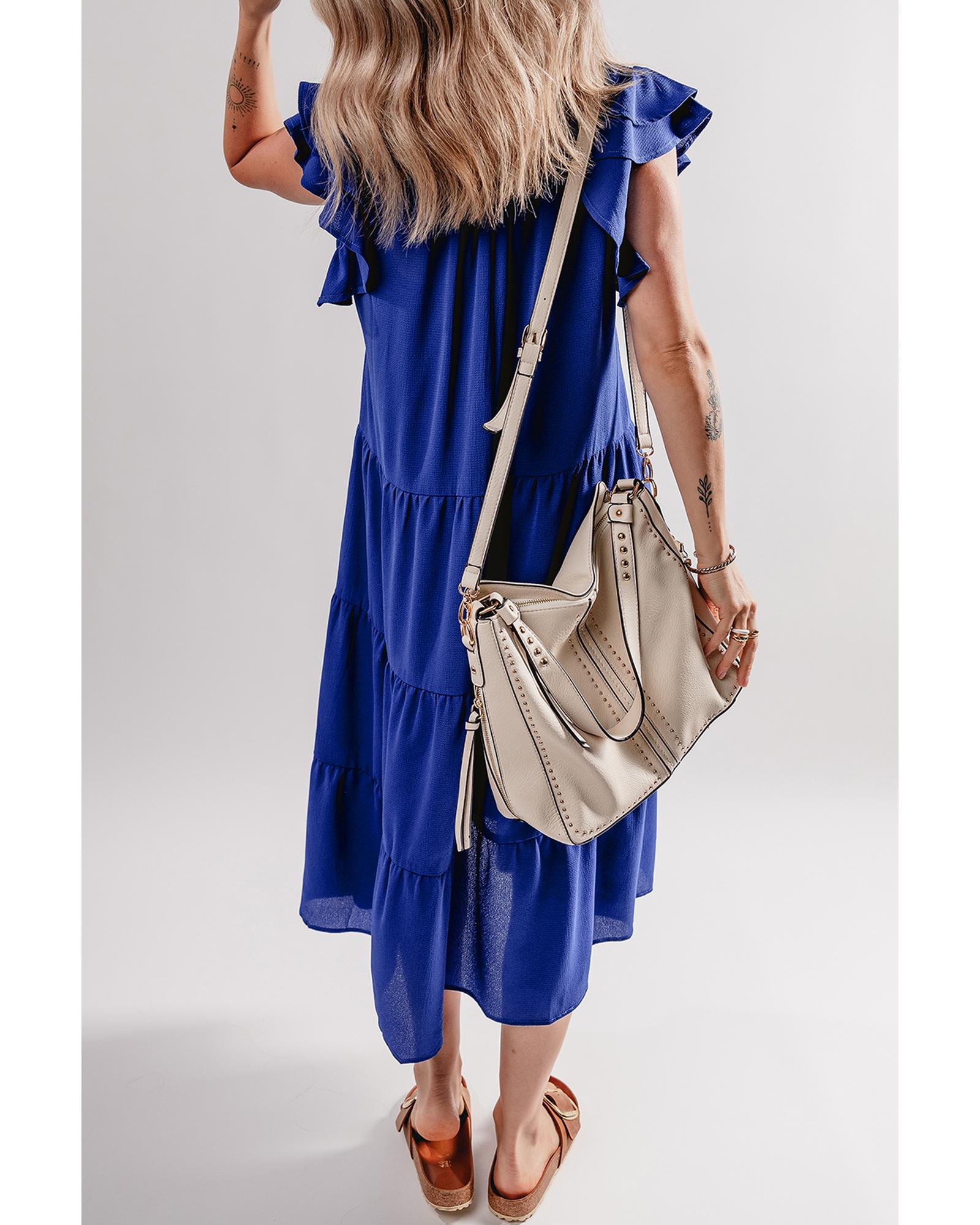 Bluing Ruffled Short Sleeve Collared V Neck Tiered Midi Dress - M