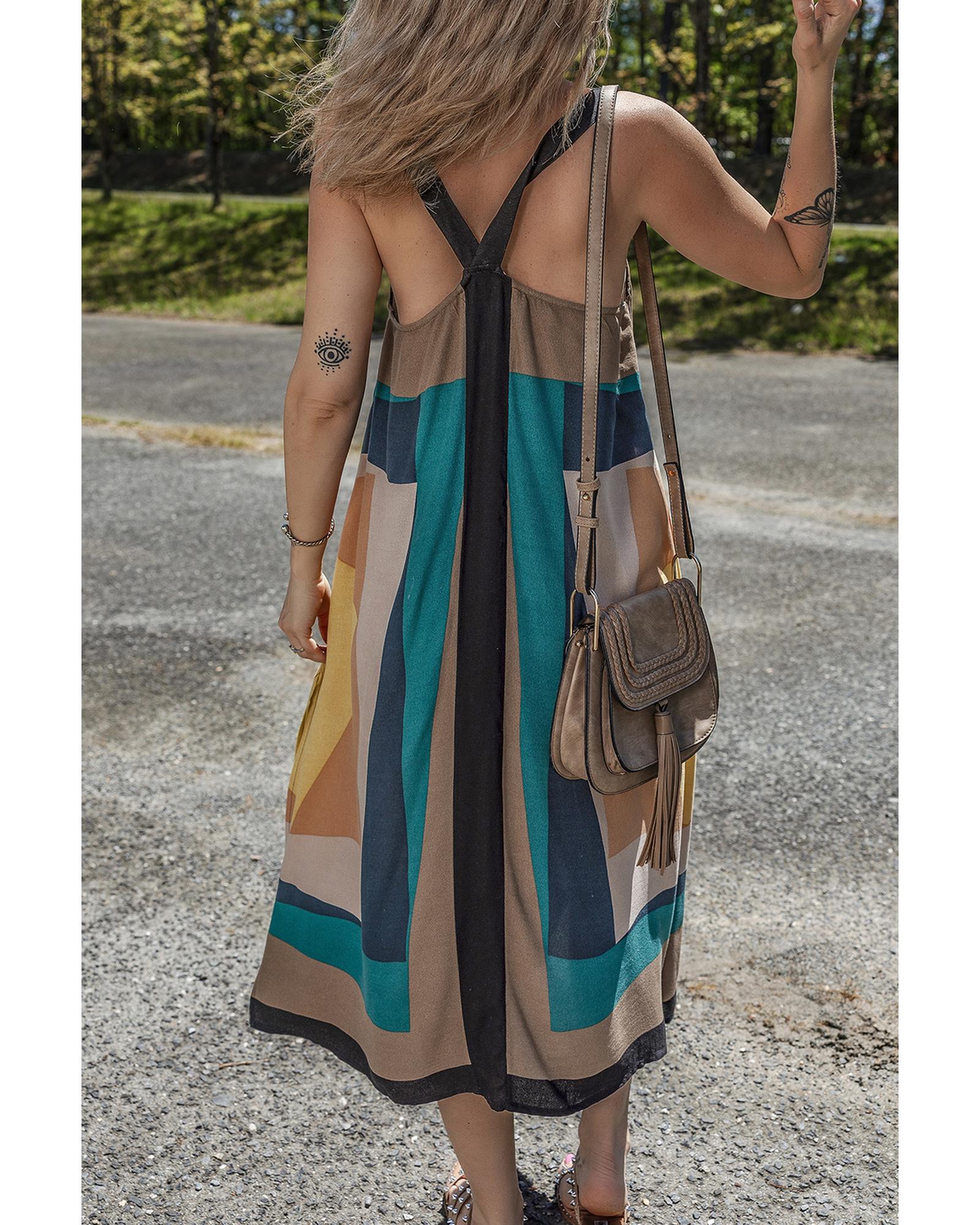 Brown Retro Geometric Printed Y Back Sleeveless Dress - S