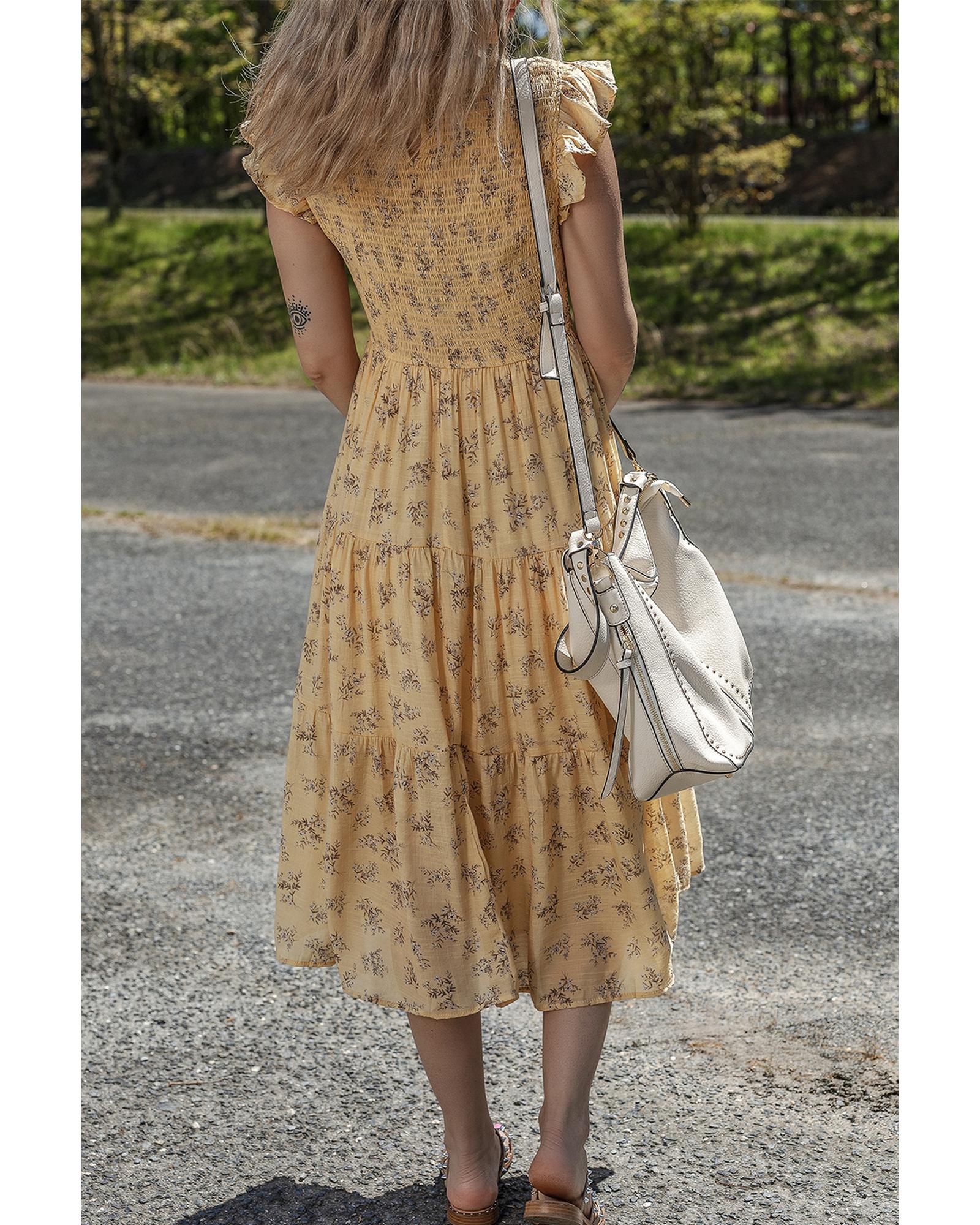 Yellow Boho Floral Print Ruffle Smocked Flowy Summer Dress - L