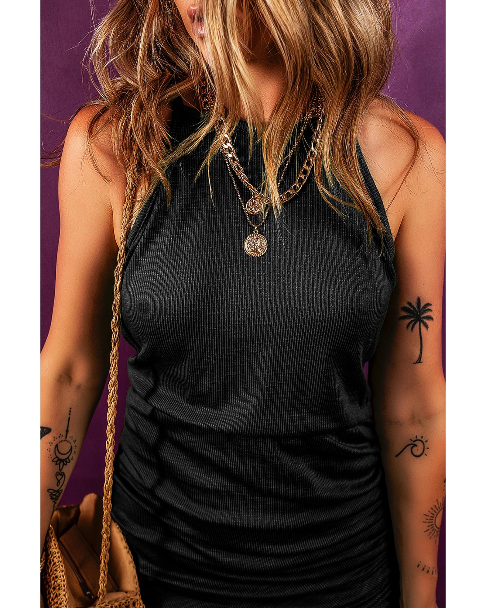 Black Racerback Ribbed Knit Drawstring Bodycon Dress - M