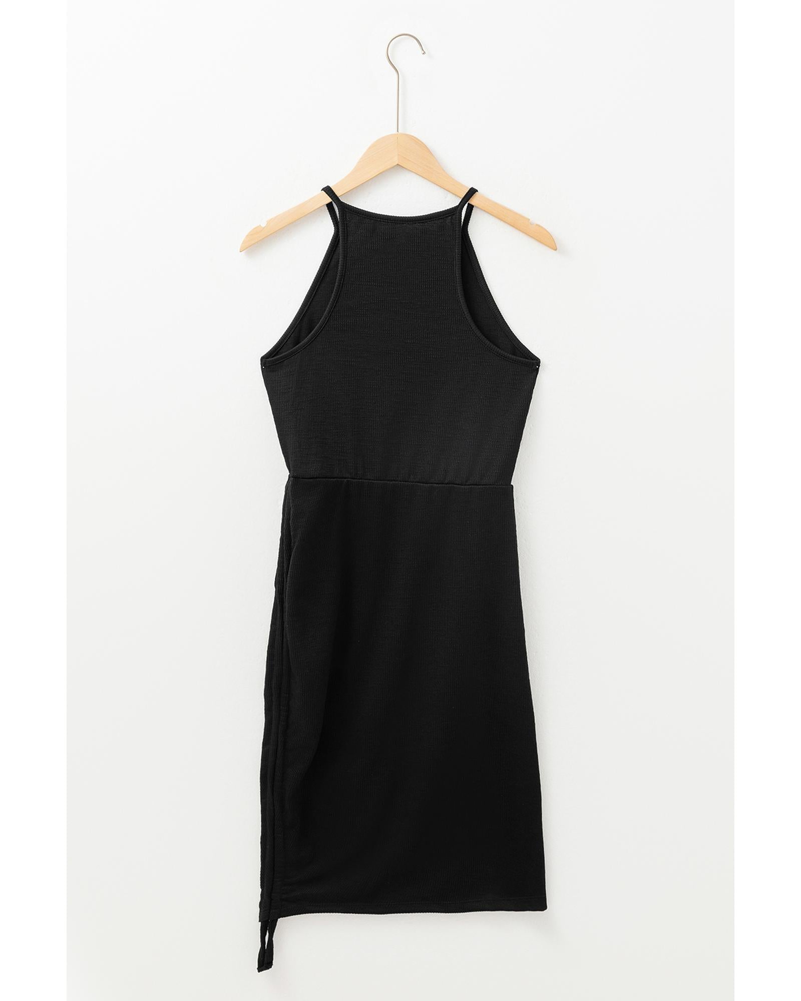 Black Racerback Ribbed Knit Drawstring Bodycon Dress - M