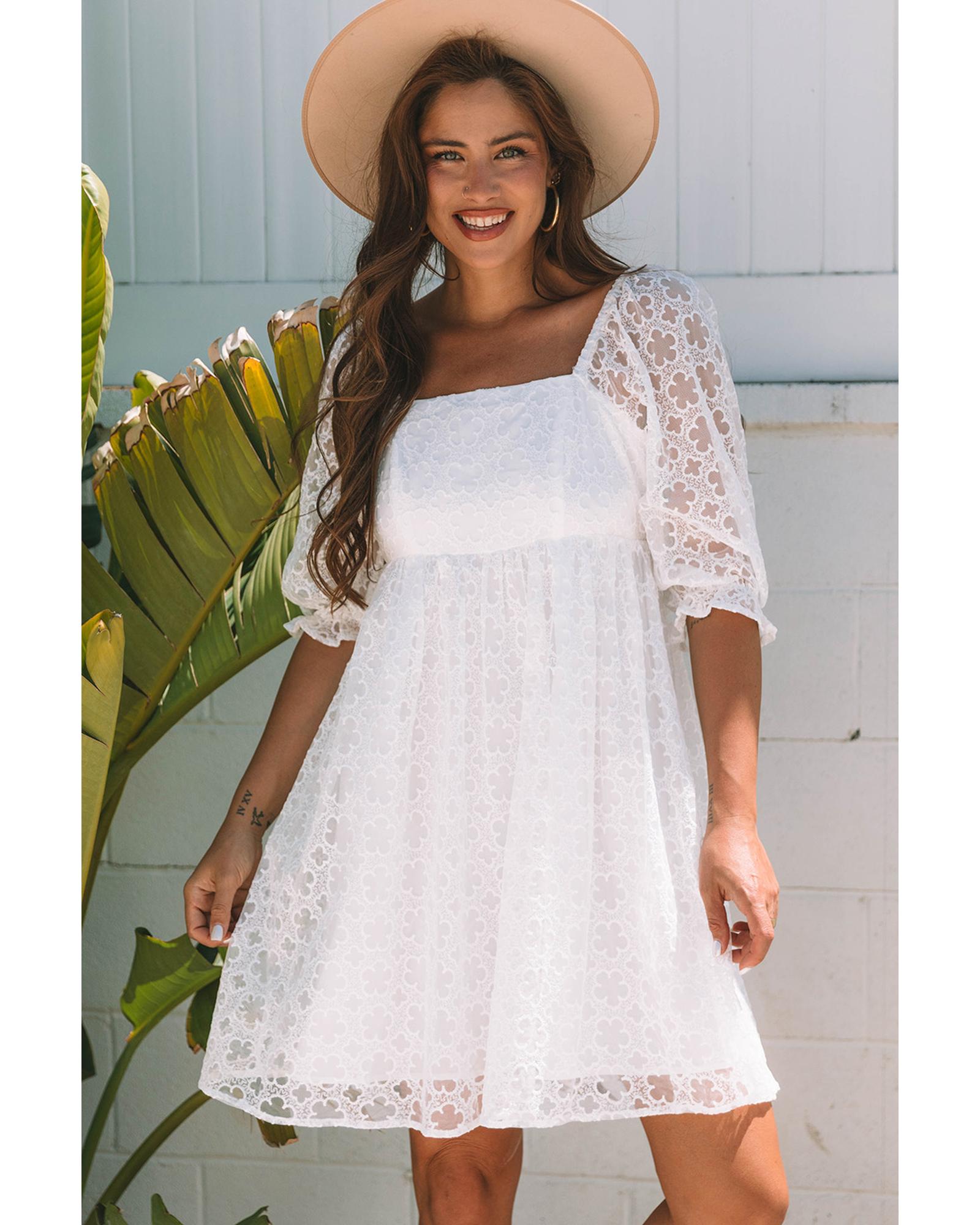 White Floral Lace Puff Sleeve Empire Waist Mini Dress - XL