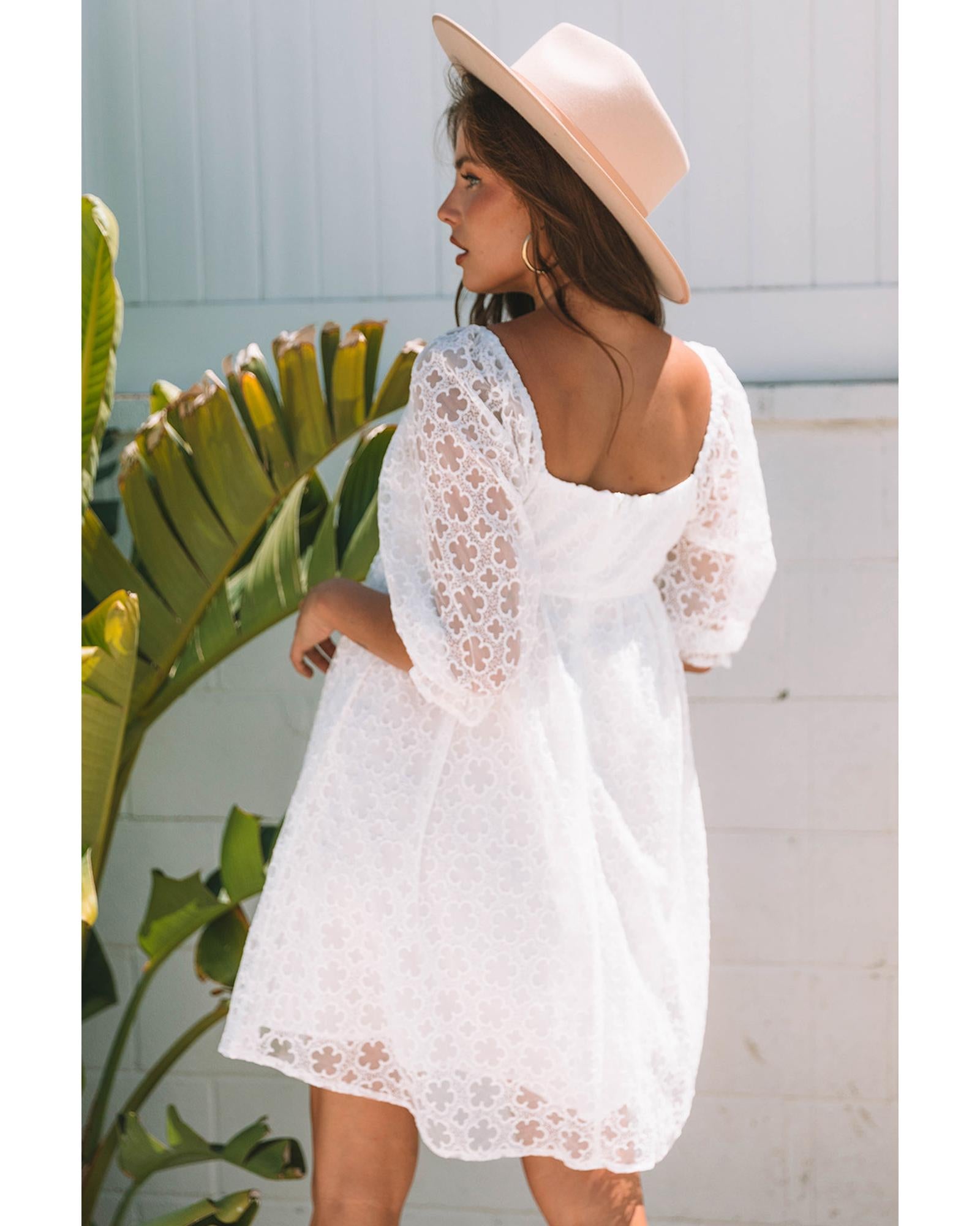 White Floral Lace Puff Sleeve Empire Waist Mini Dress - XL