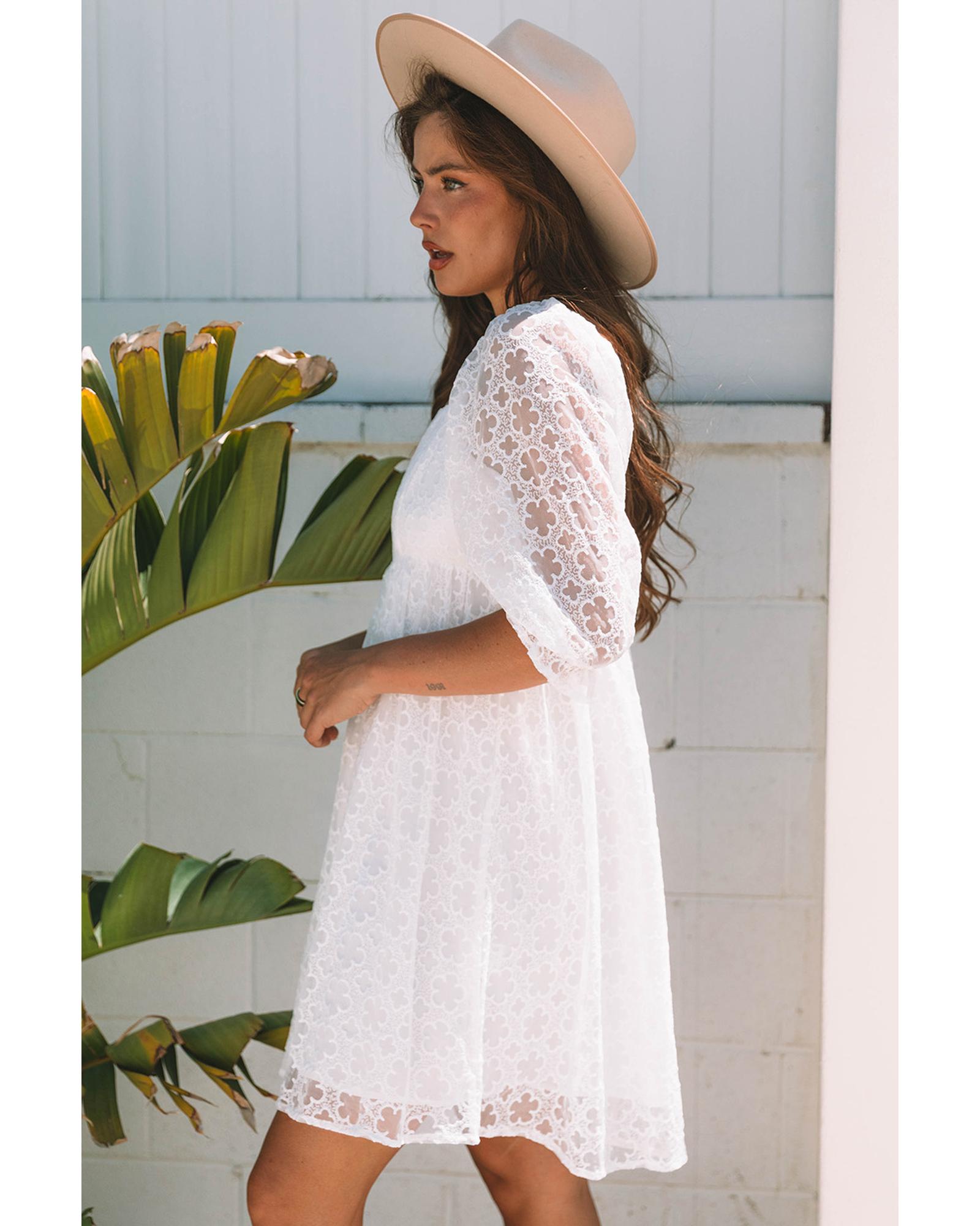 White Floral Lace Puff Sleeve Empire Waist Mini Dress - XL