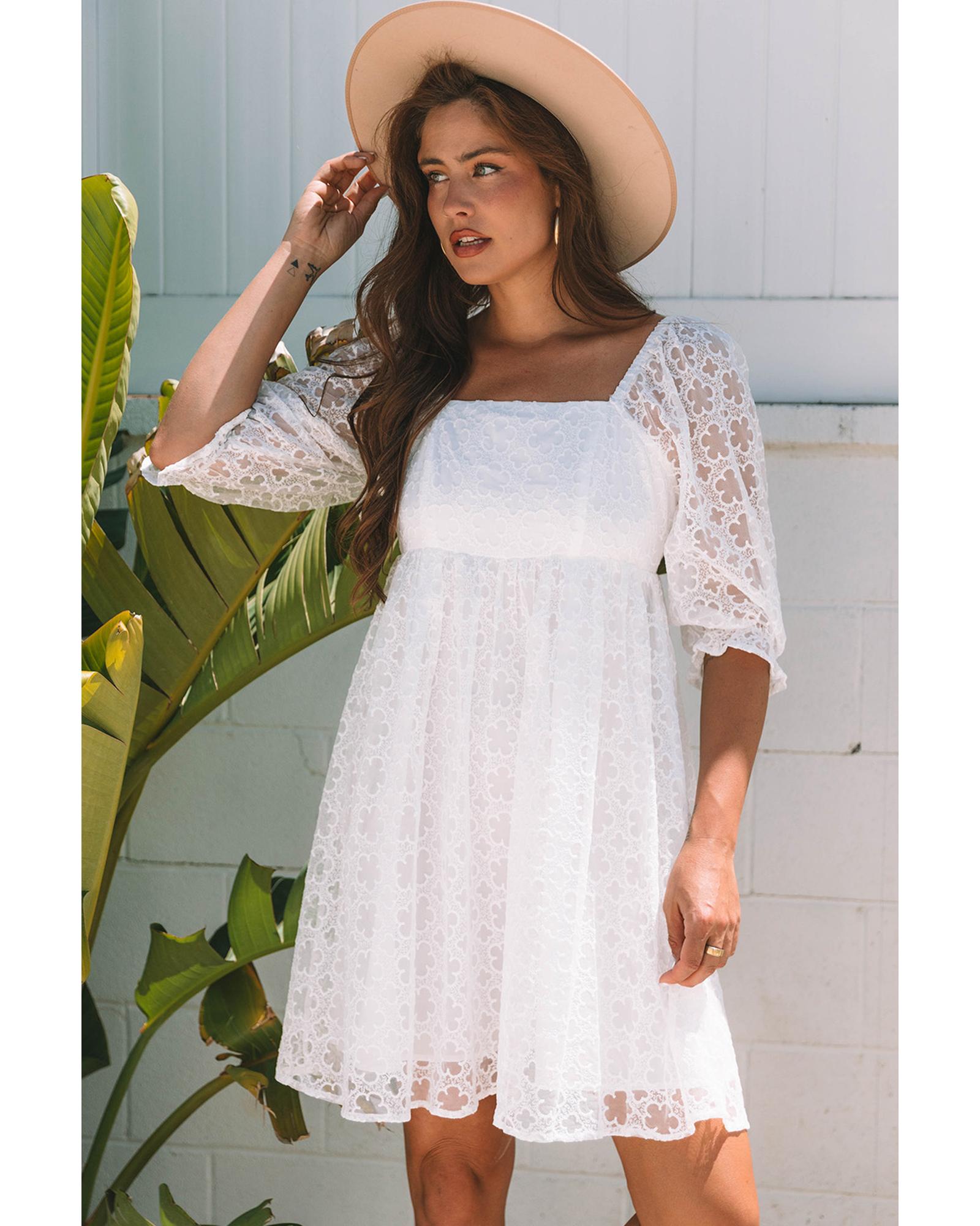White Floral Lace Puff Sleeve Empire Waist Mini Dress - XL