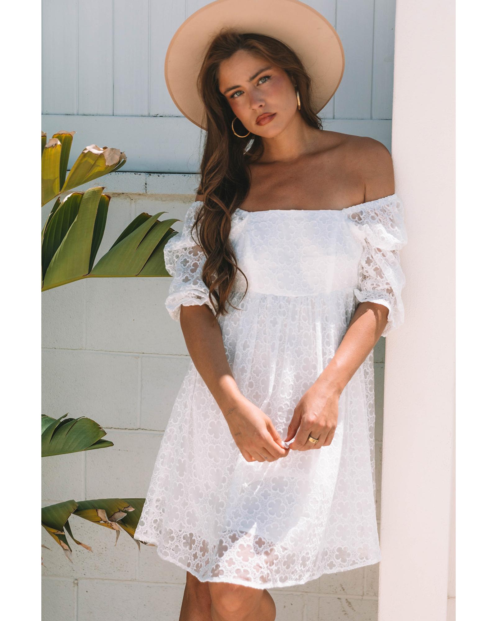 White Floral Lace Puff Sleeve Empire Waist Mini Dress - XL