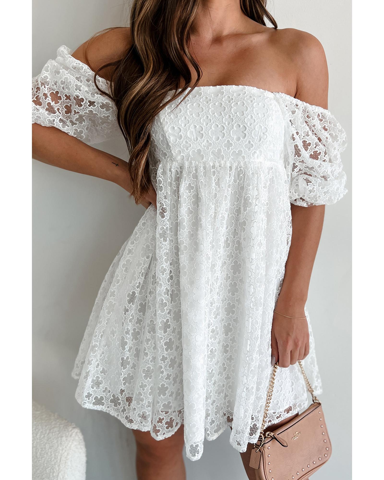 White Floral Lace Puff Sleeve Empire Waist Mini Dress - XL