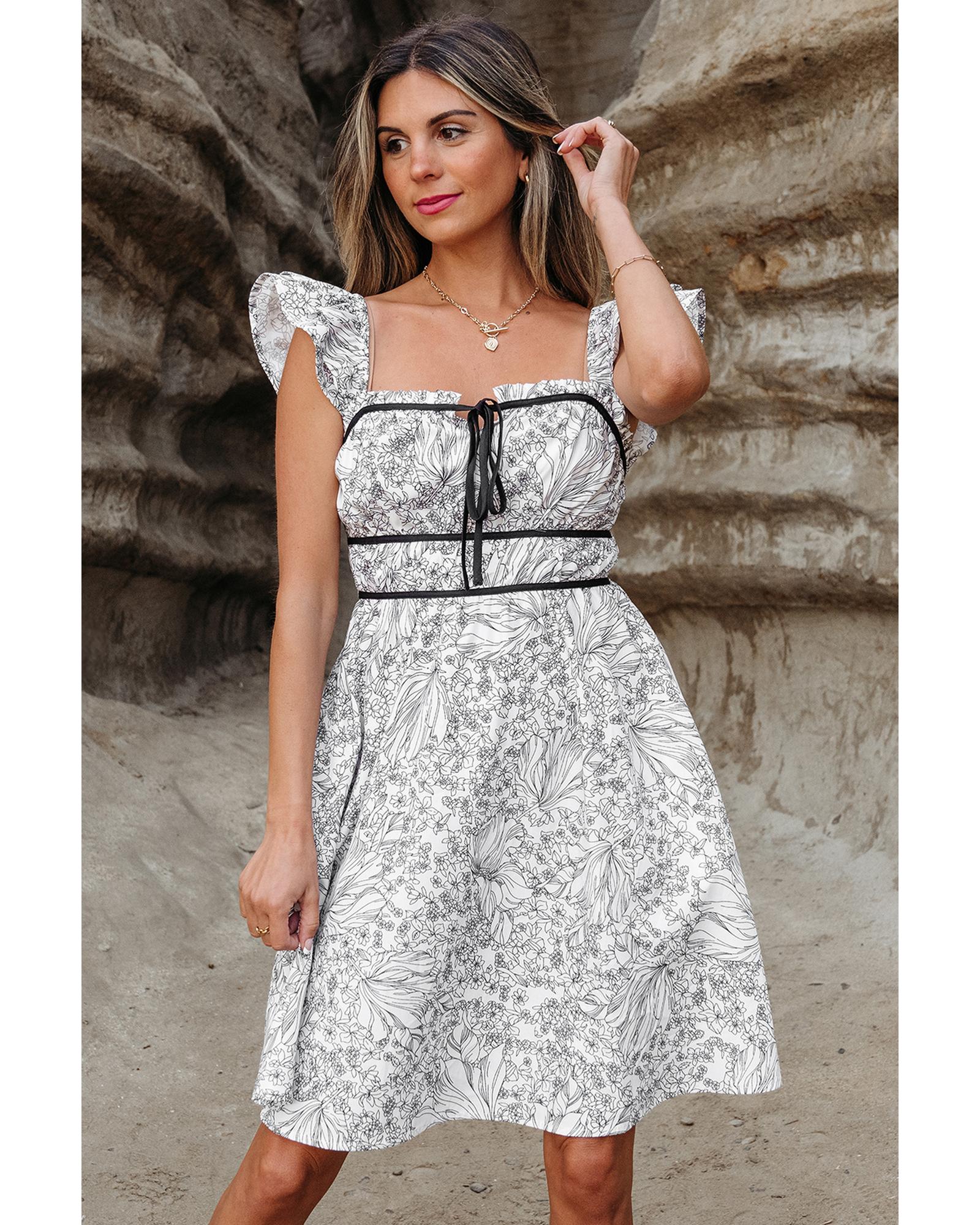 White Floral Print Pipping Trim Flutter Sleeve Mini Dress - M