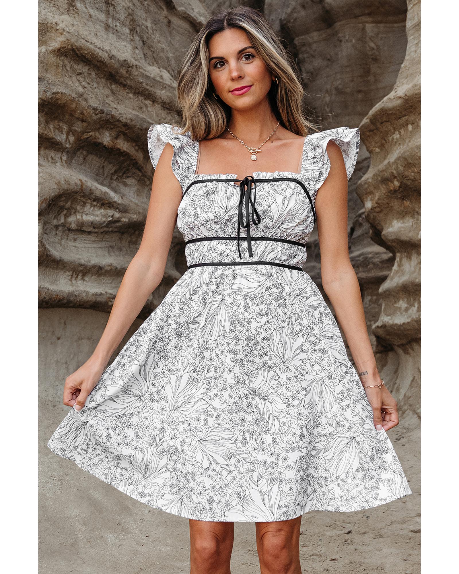 White Floral Print Pipping Trim Flutter Sleeve Mini Dress - M