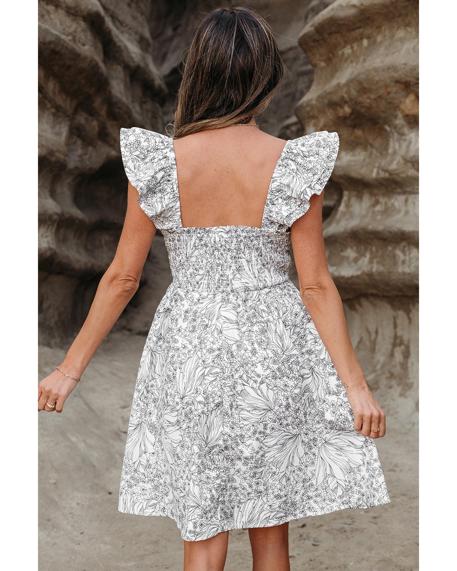 White Floral Print Pipping Trim Flutter Sleeve Mini Dress - S