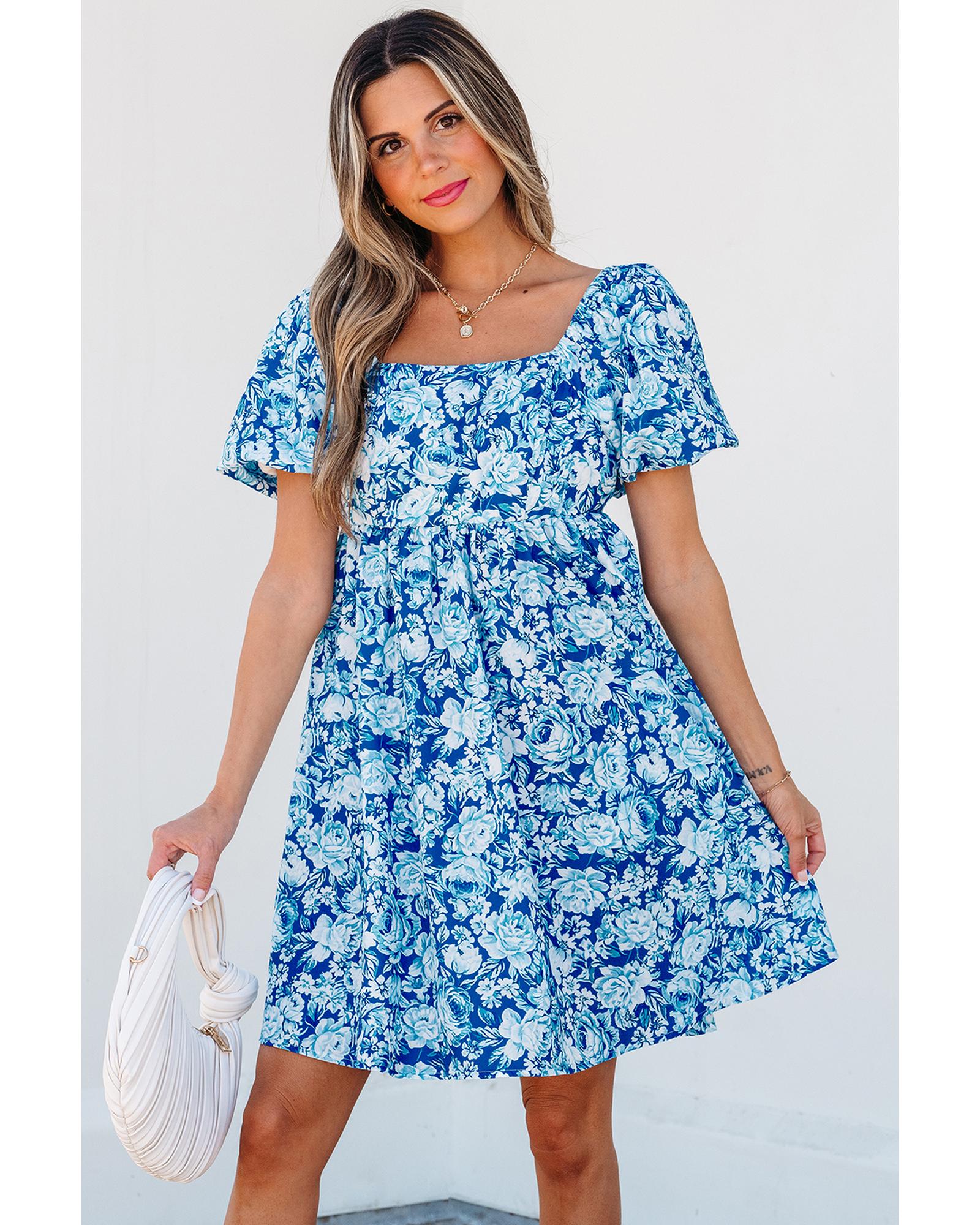 Blue Floral Puff Sleeve Babydoll Mini Dress - XL