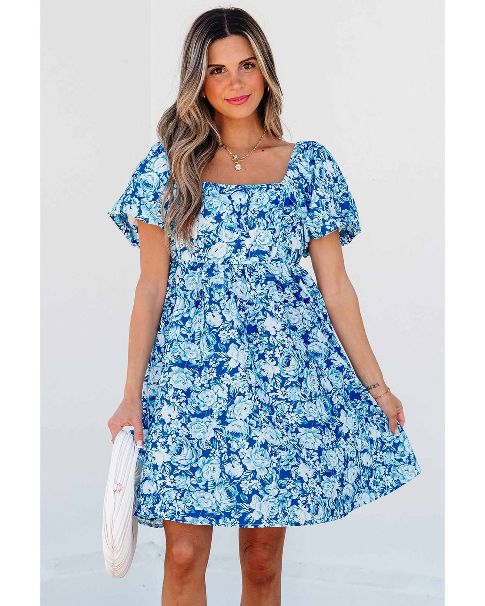 Blue Floral Puff Sleeve Babydoll Mini Dress - XL