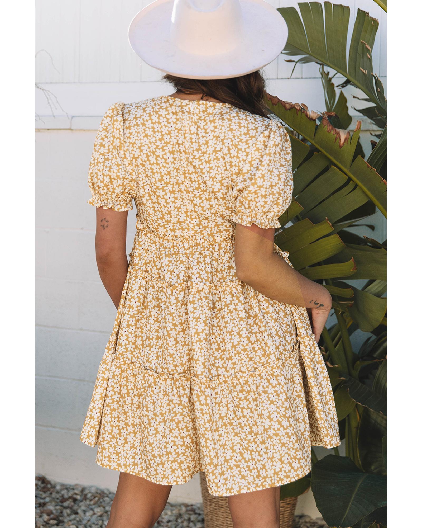 Yellow Floral Short Sleeve V Neck Frilly Tiered Mini Dress - S