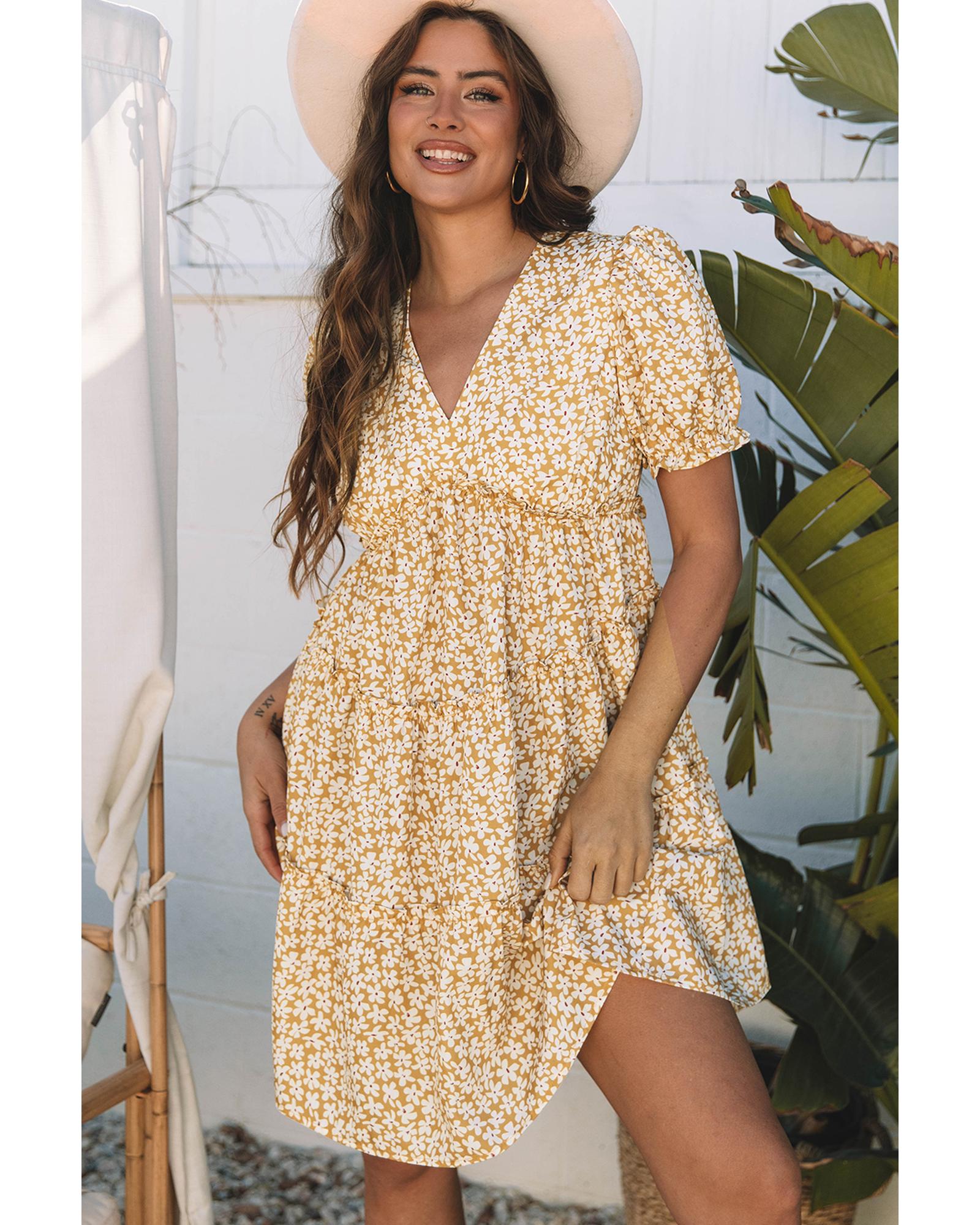 Yellow Floral Short Sleeve V Neck Frilly Tiered Mini Dress - XL