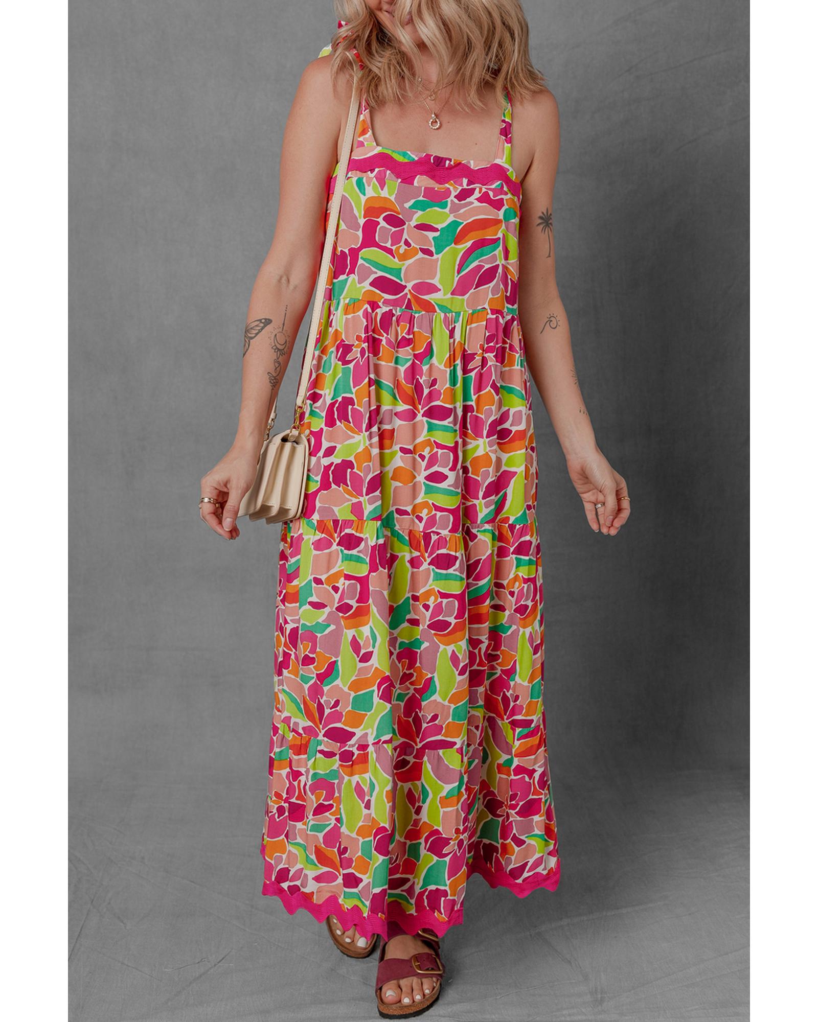 Multicolour Floral Tied Straps Ricrac Trim Maxi Dress - L