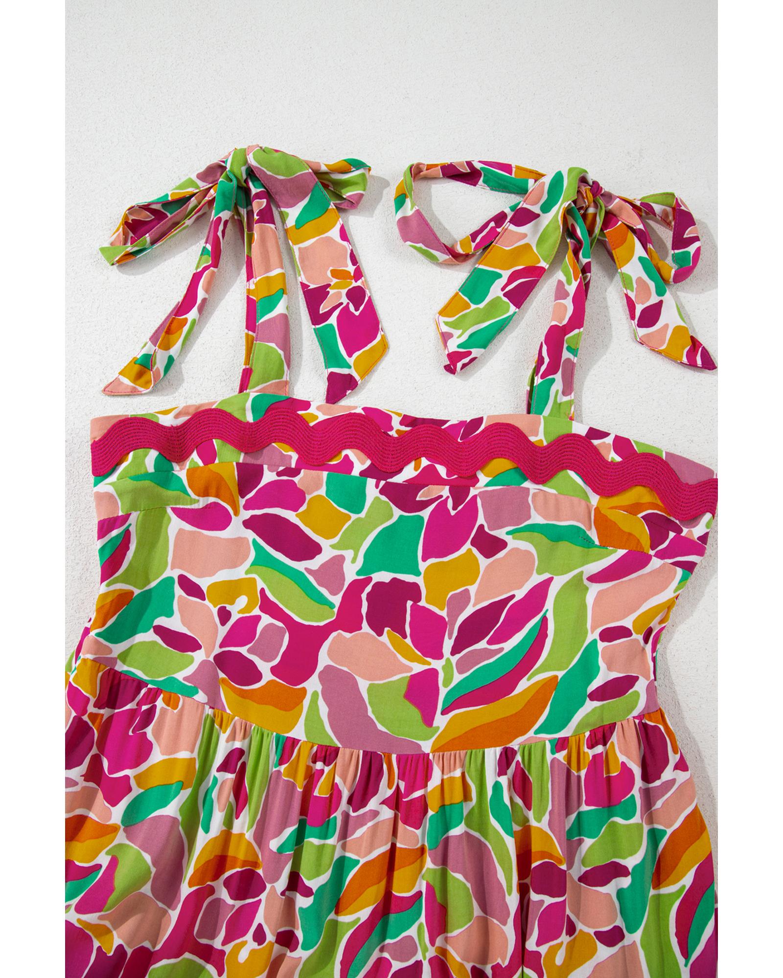 Multicolour Floral Tied Straps Ricrac Trim Maxi Dress - L