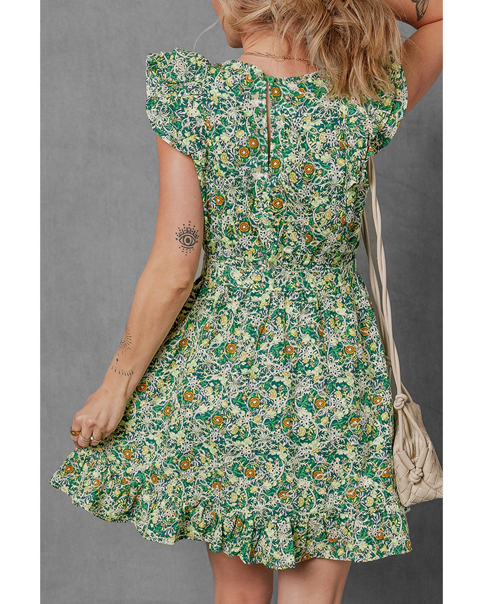 Green Flower Print Flutter Sleeve V Neck Sashed Ruffled Mini Dress - L