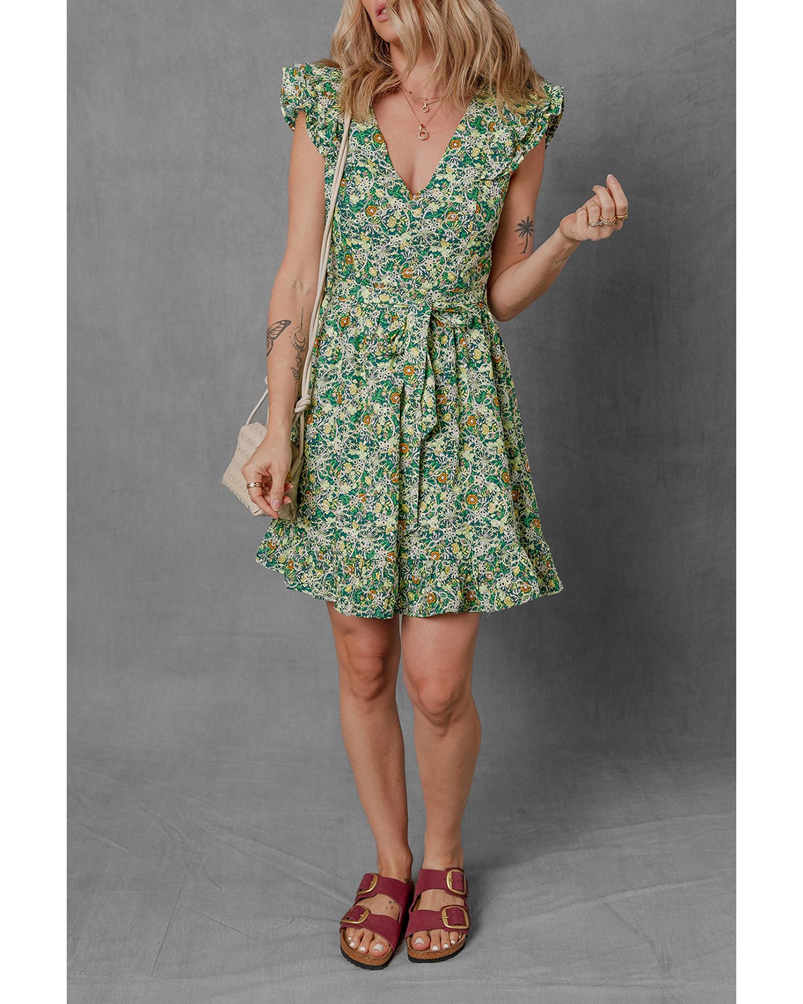 Green Flower Print Flutter Sleeve V Neck Sashed Ruffled Mini Dress - S
