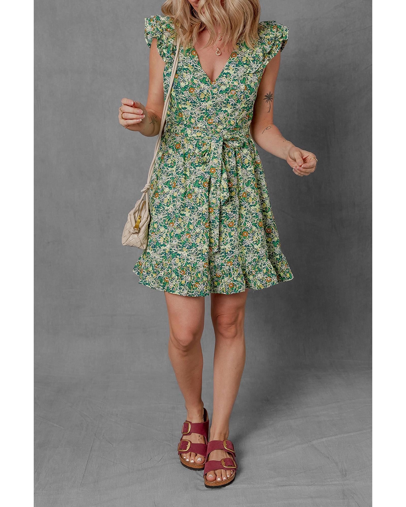 Green Flower Print Flutter Sleeve V Neck Sashed Ruffled Mini Dress - S