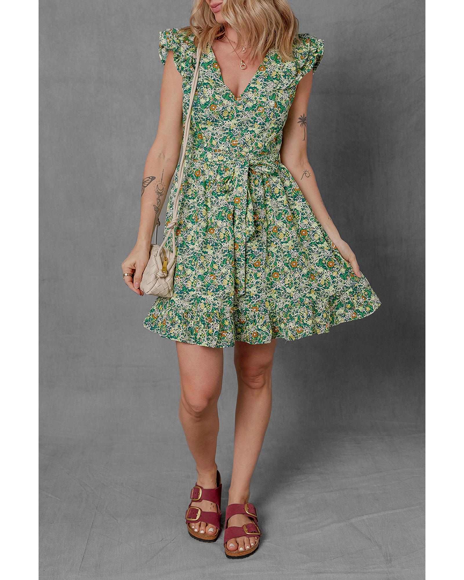 Green Flower Print Flutter Sleeve V Neck Sashed Ruffled Mini Dress - S