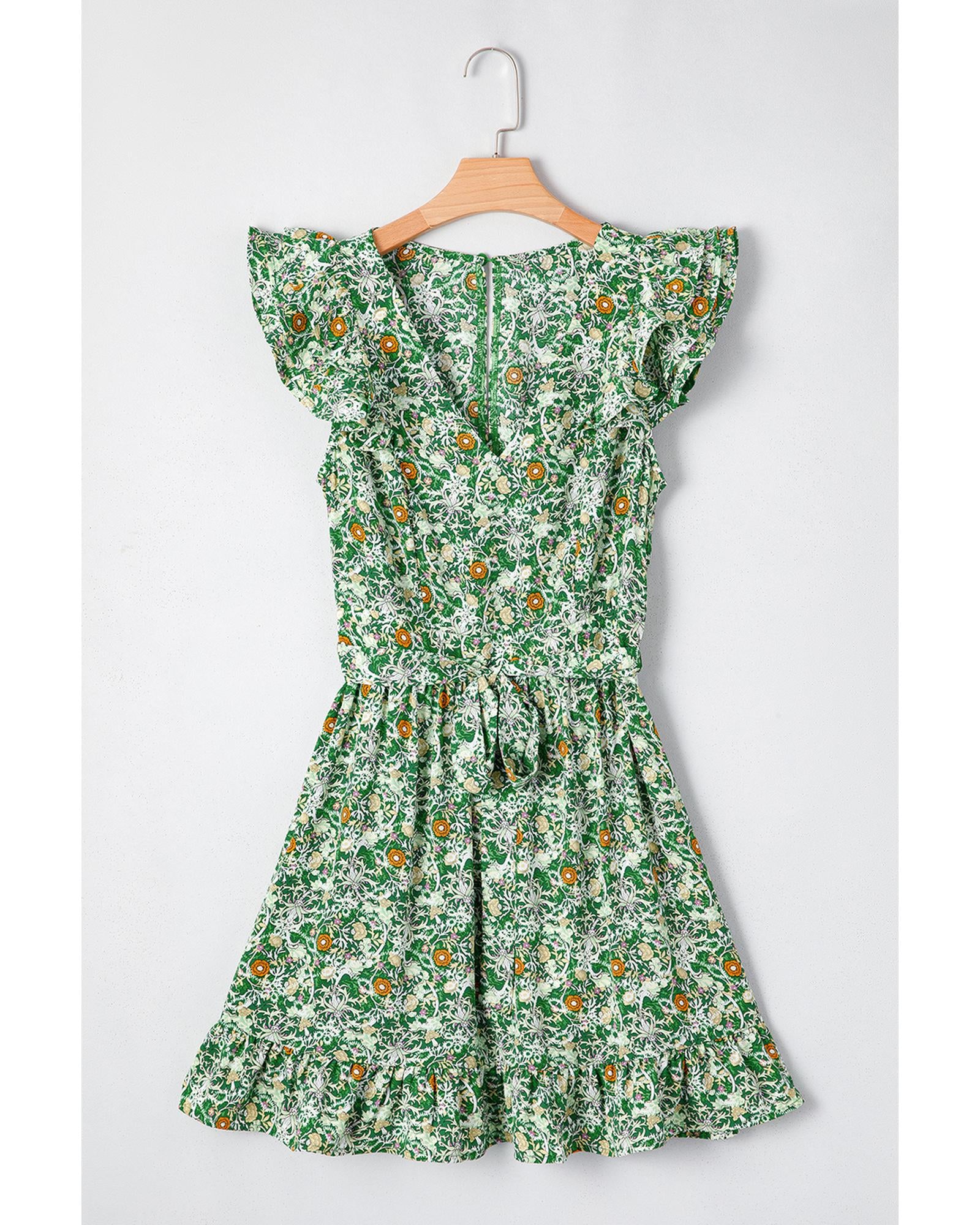 Green Flower Print Flutter Sleeve V Neck Sashed Ruffled Mini Dress - S