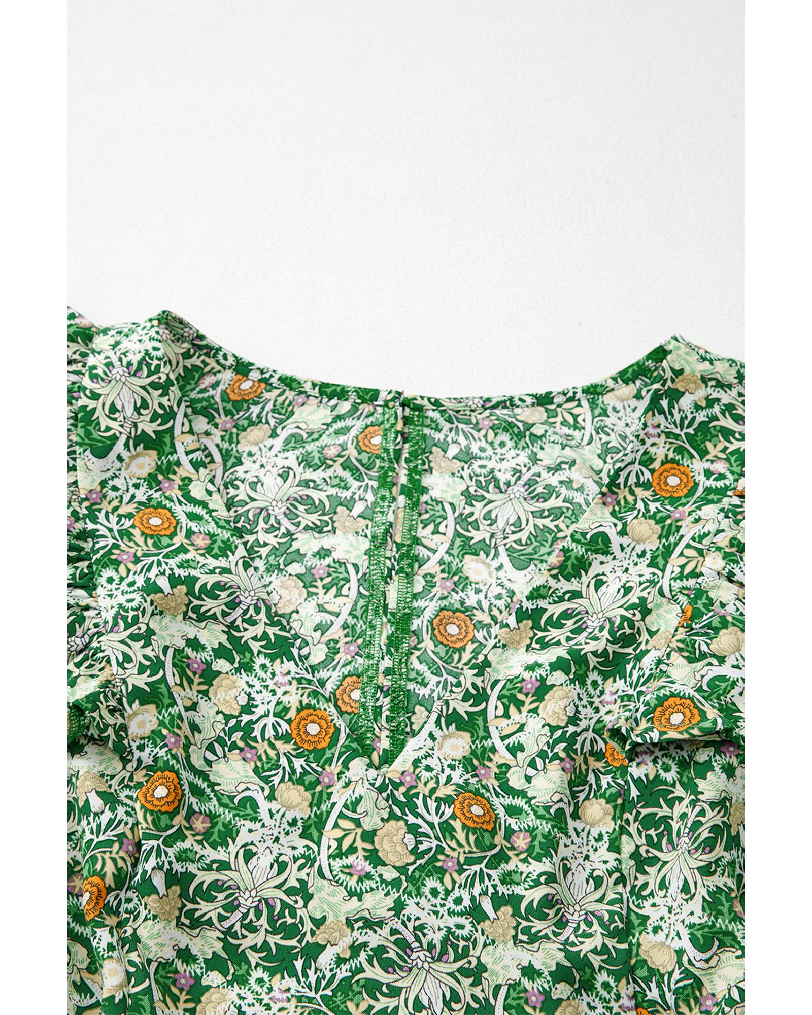 Green Flower Print Flutter Sleeve V Neck Sashed Ruffled Mini Dress - S