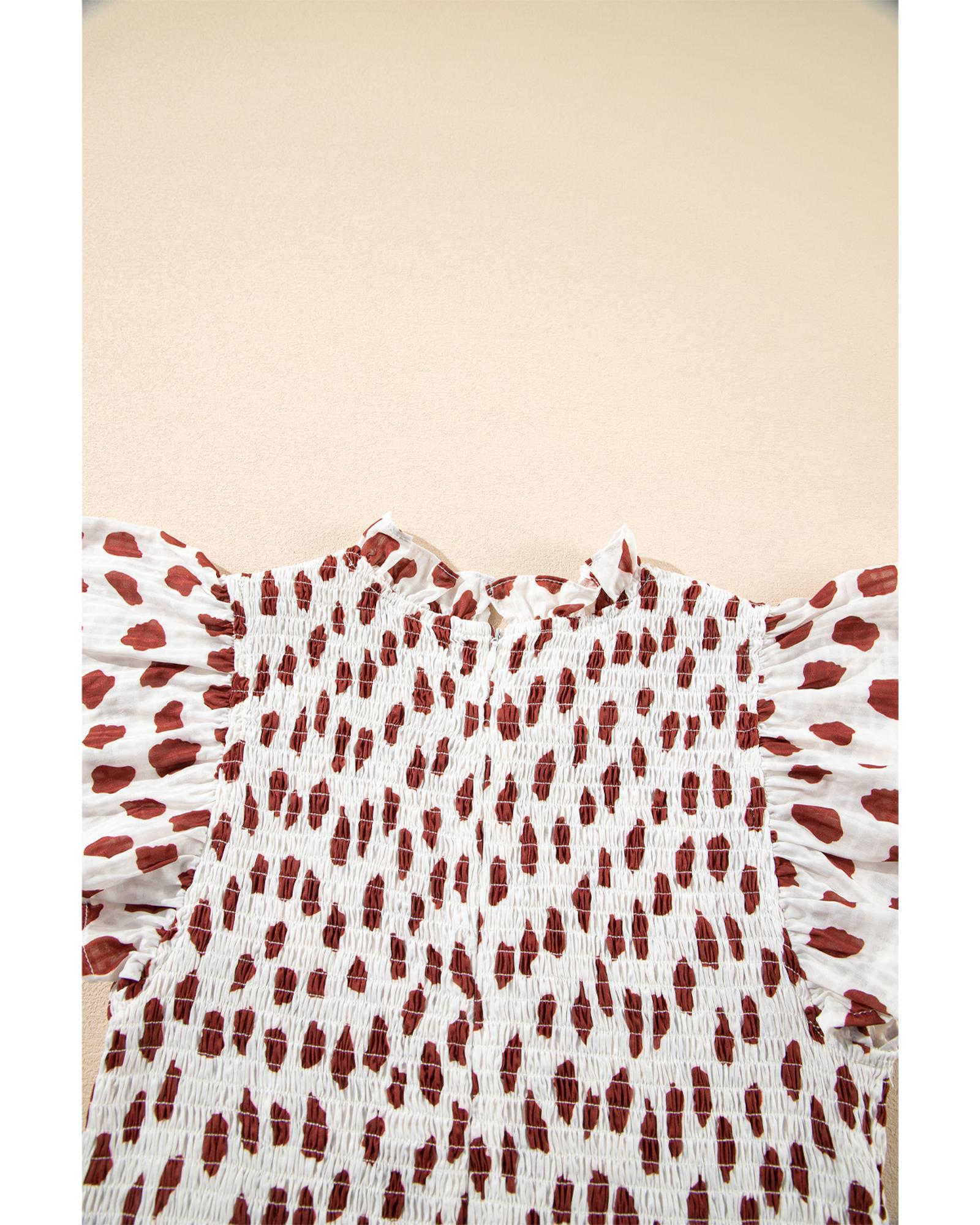 Brown Abstract Printed Flutter Sleeve Smocked Bodice Short Dress - M