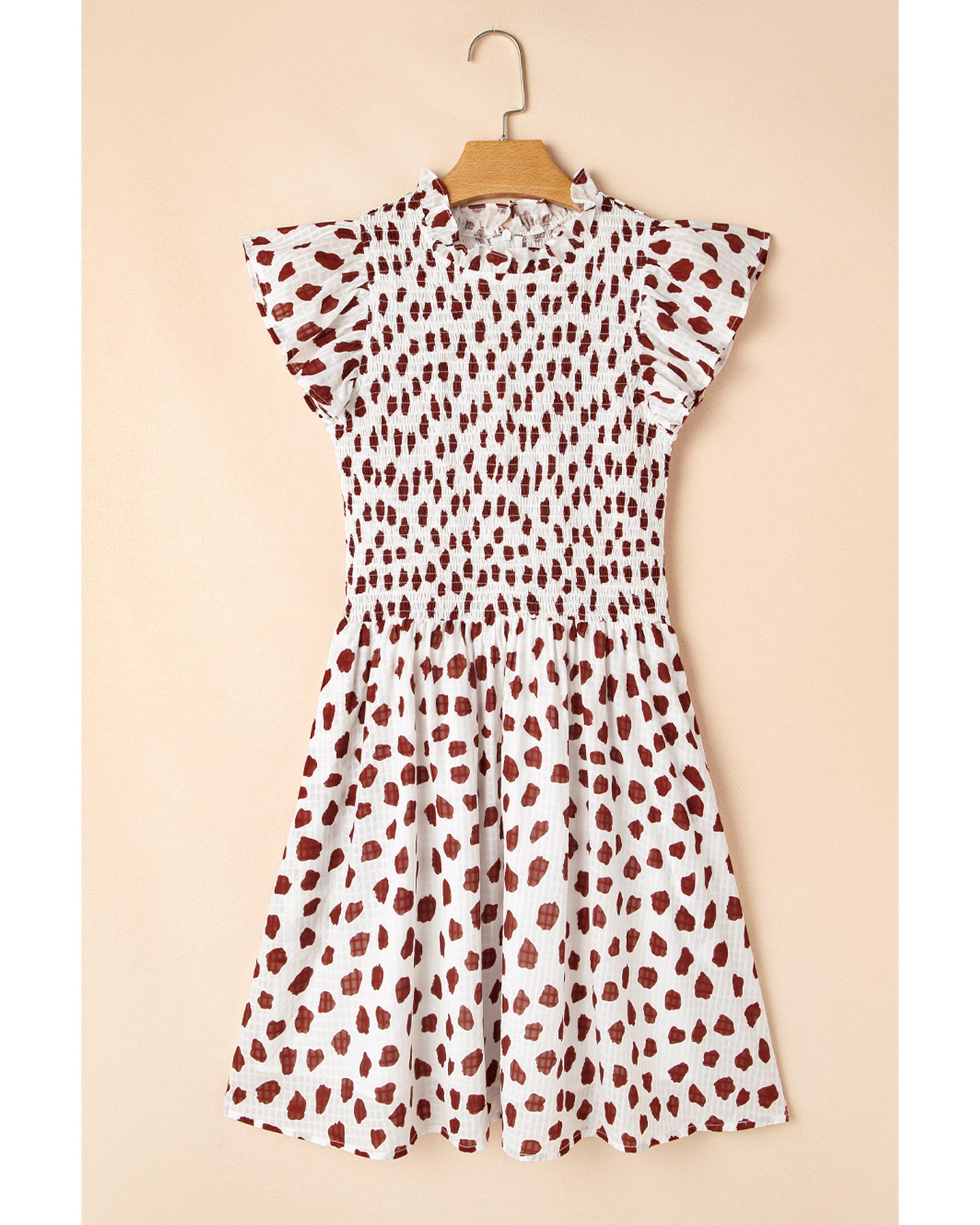 Brown Abstract Printed Flutter Sleeve Smocked Bodice Short Dress - M