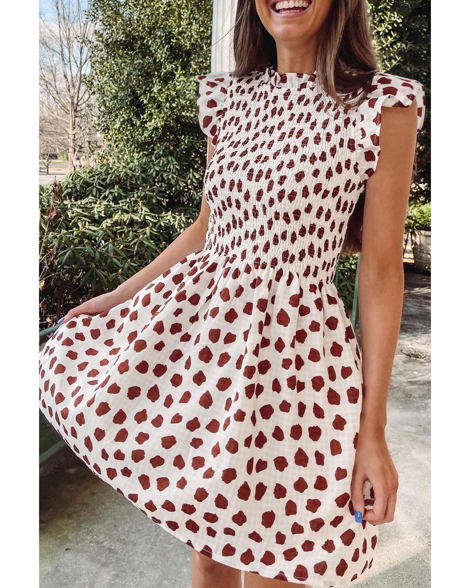 Brown Abstract Printed Flutter Sleeve Smocked Bodice Short Dress - M