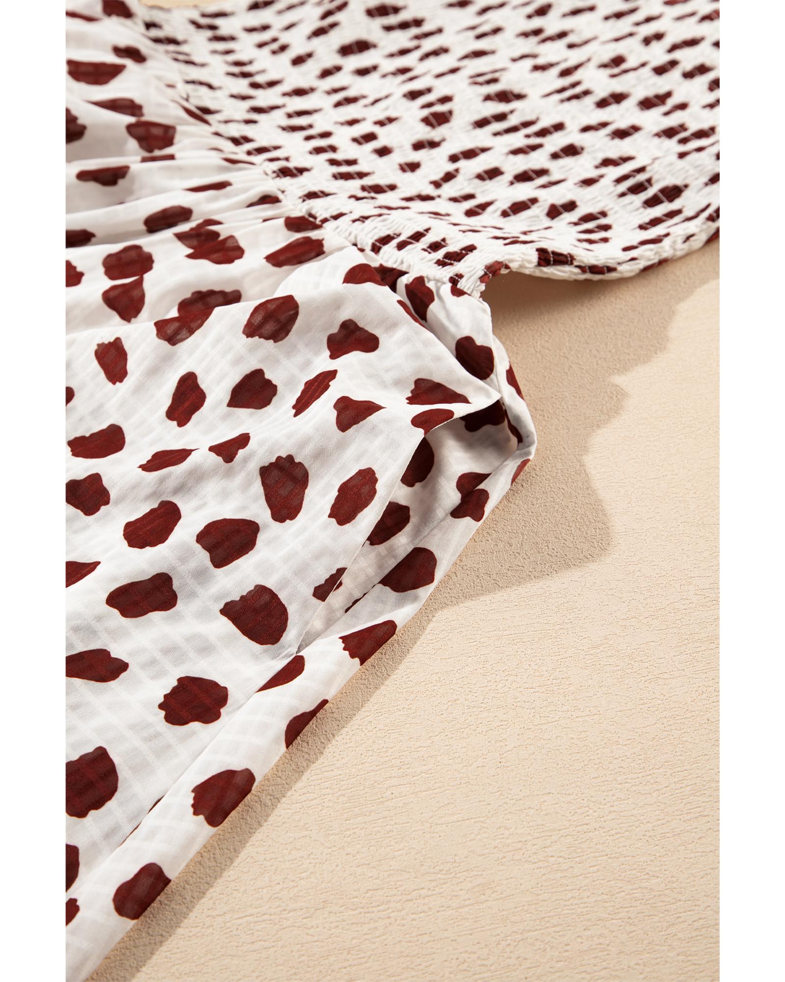 Brown Abstract Printed Flutter Sleeve Smocked Bodice Short Dress - M