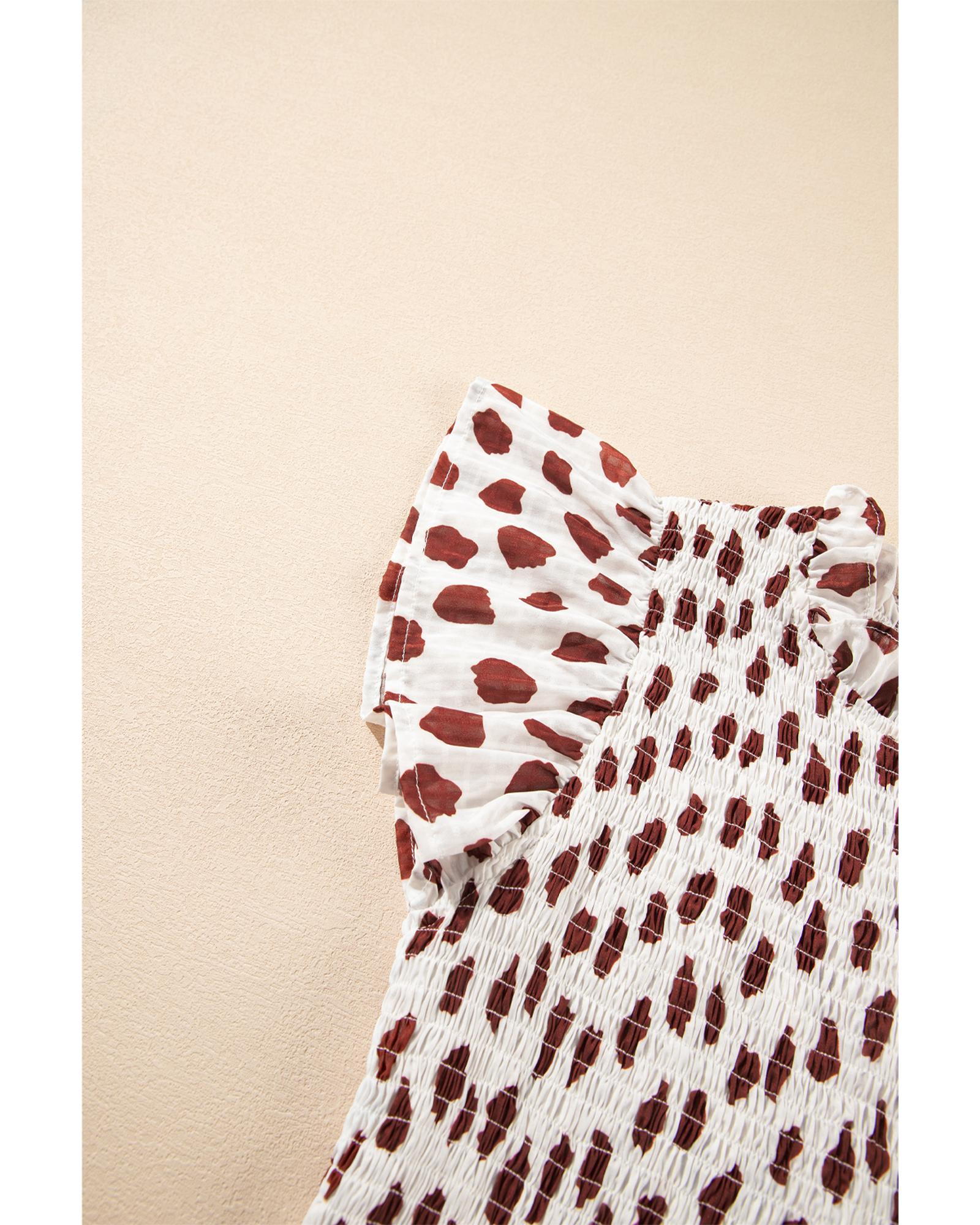 Brown Abstract Printed Flutter Sleeve Smocked Bodice Short Dress - M