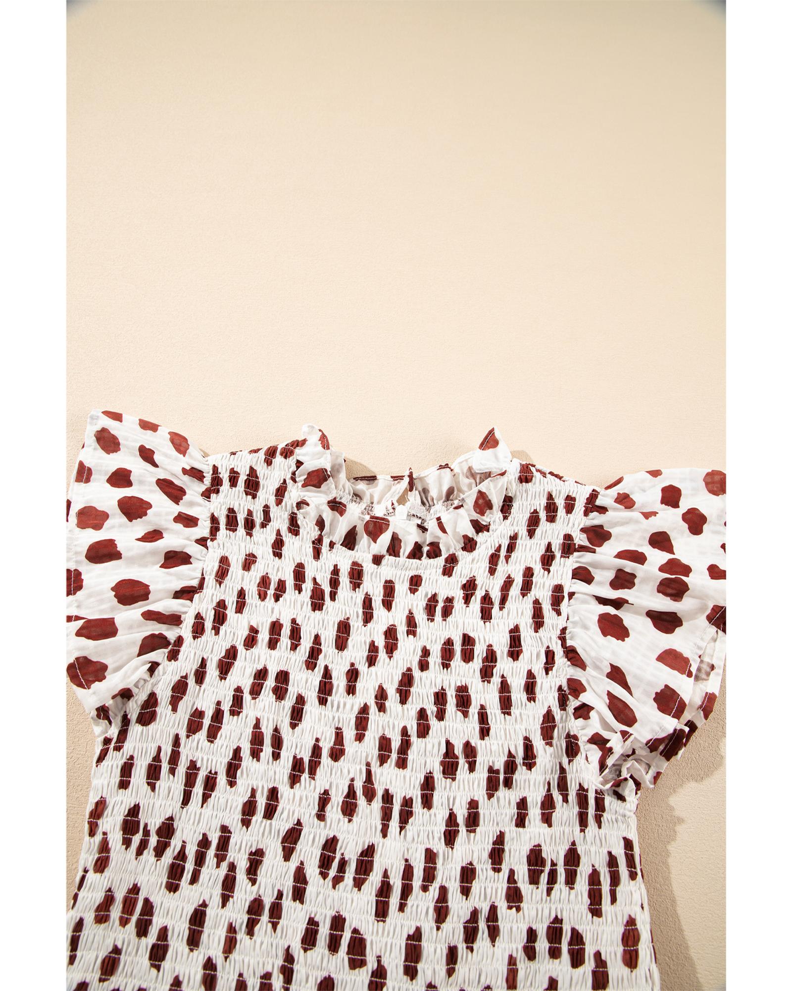 Brown Abstract Printed Flutter Sleeve Smocked Bodice Short Dress - S