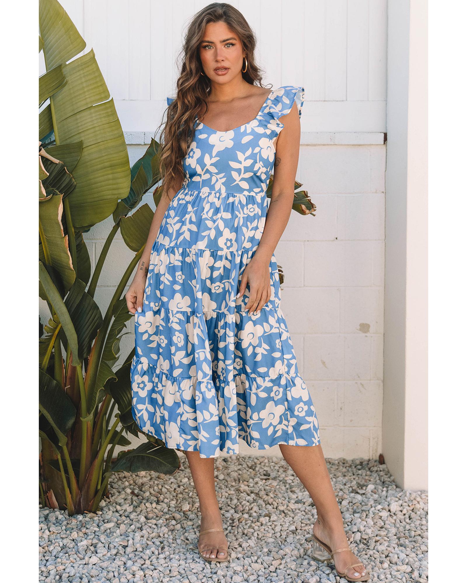 Sky Blue Floral U Neck Flutter Shoulder Tiered Flowy Midi Dress - S