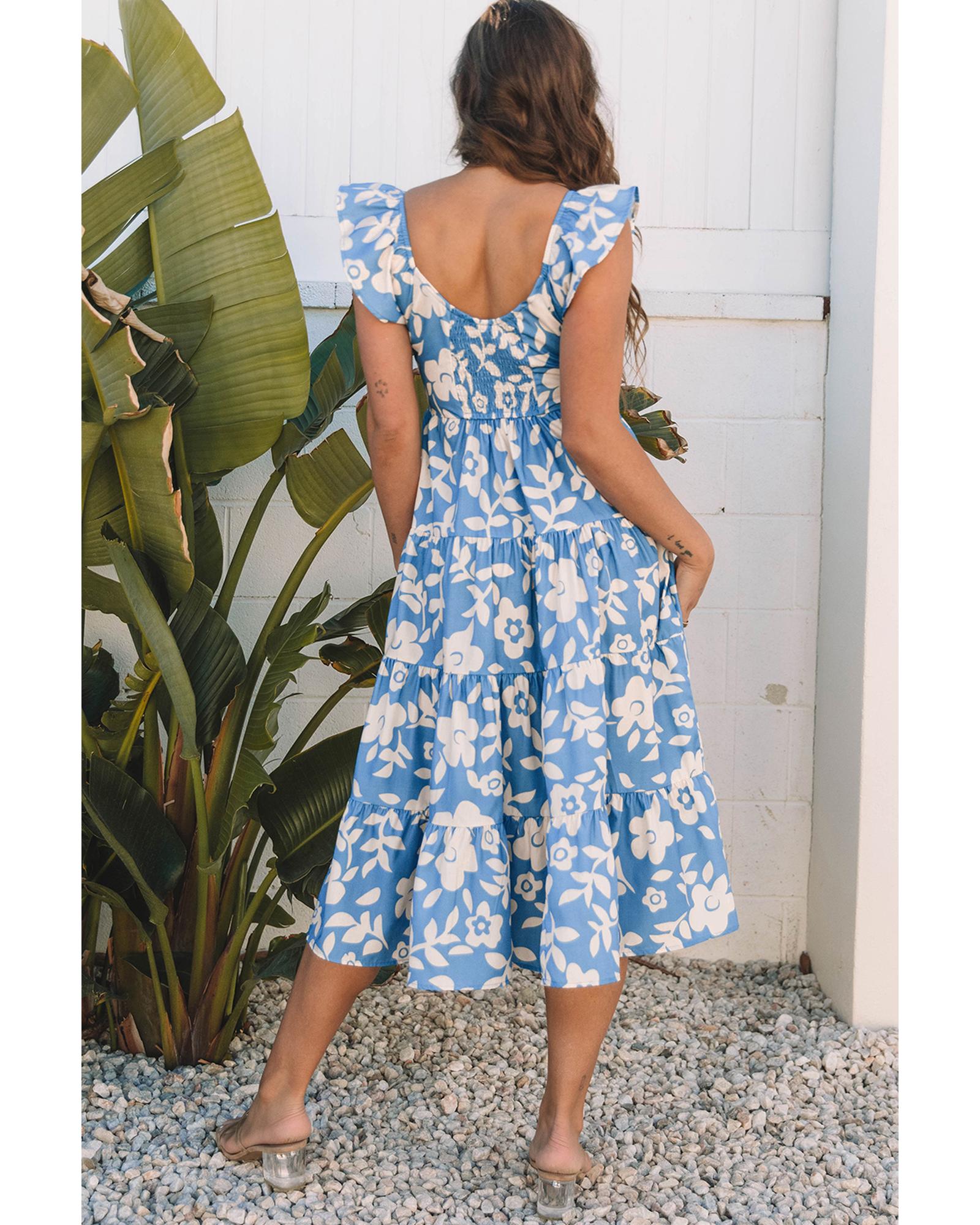Sky Blue Floral U Neck Flutter Shoulder Tiered Flowy Midi Dress - XL