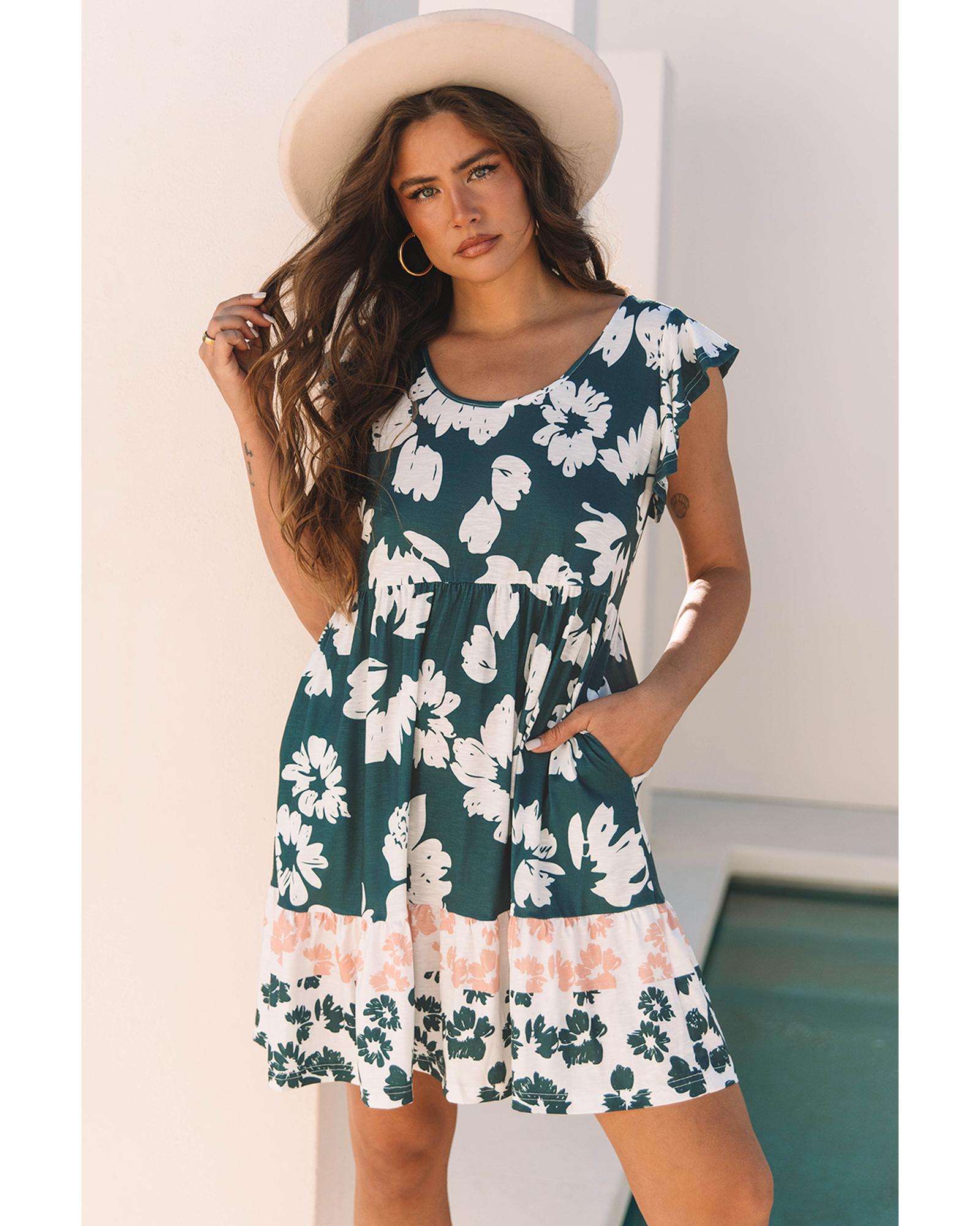 Floral Print Ruffle Sleeve Empire Waist Mini Dress - L