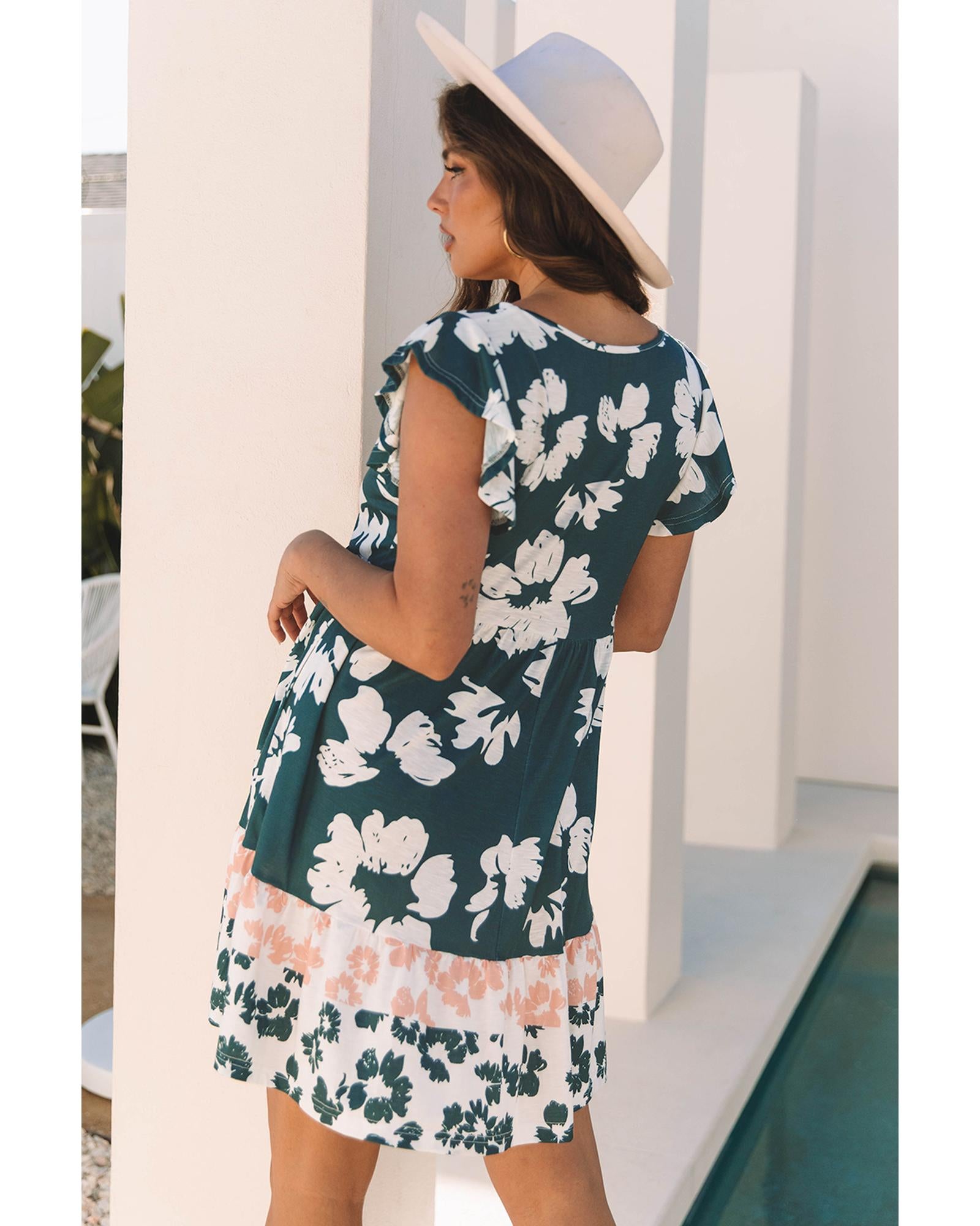 Floral Print Ruffle Sleeve Empire Waist Mini Dress - L