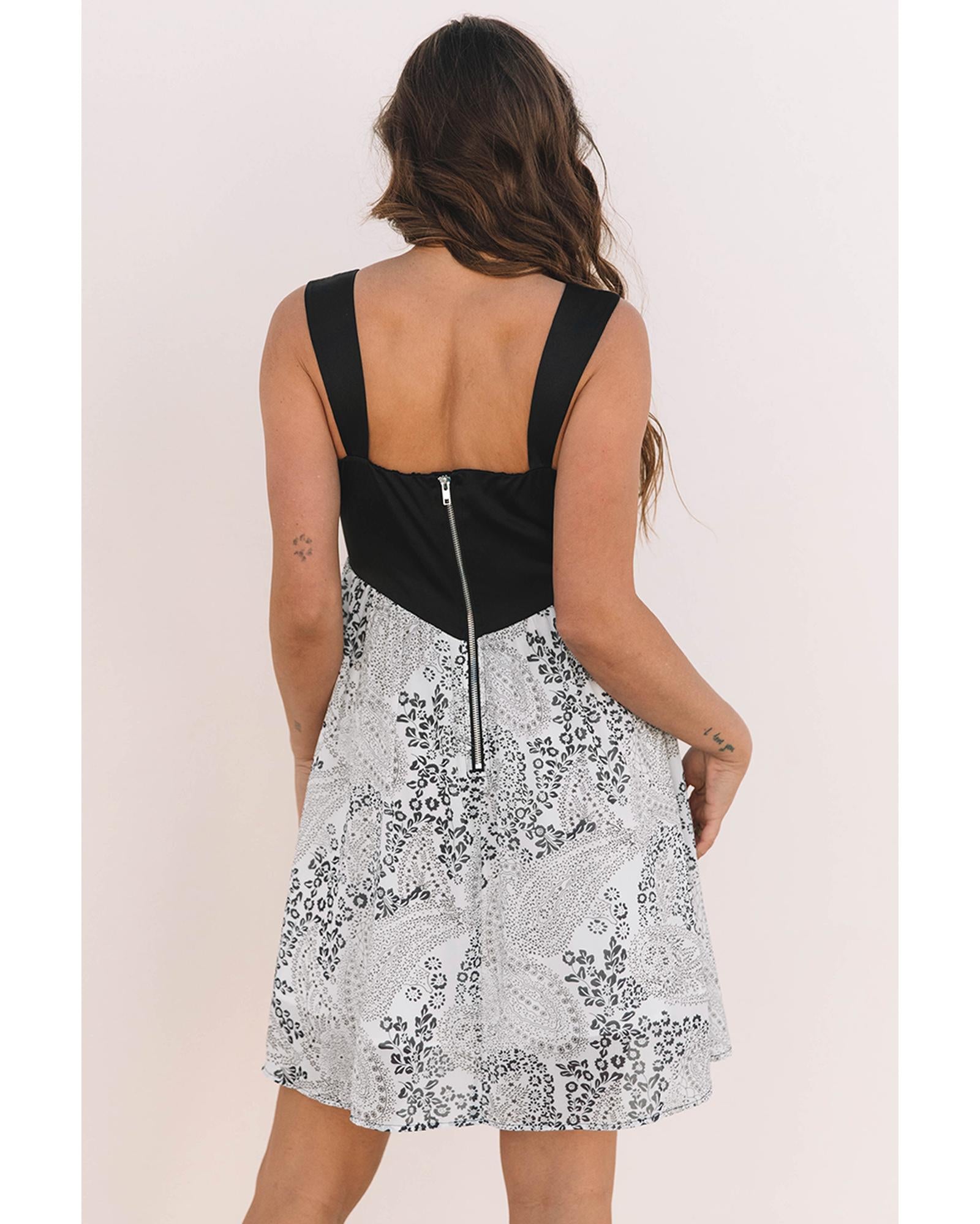 Black Sleeveless Leather Bustier Patchwork Paisley Floral Chiffon Dress - L