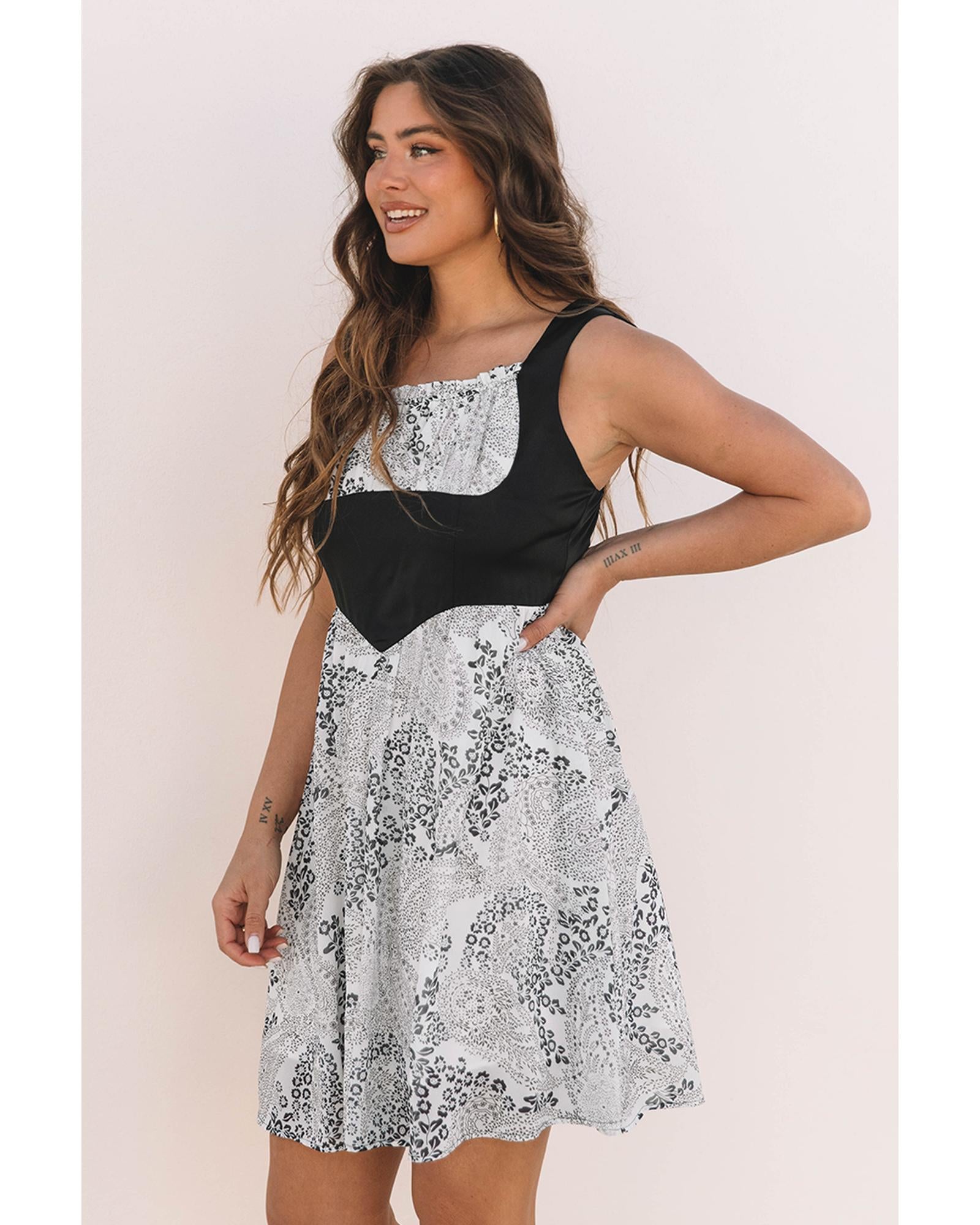 Black Sleeveless Leather Bustier Patchwork Paisley Floral Chiffon Dress - M