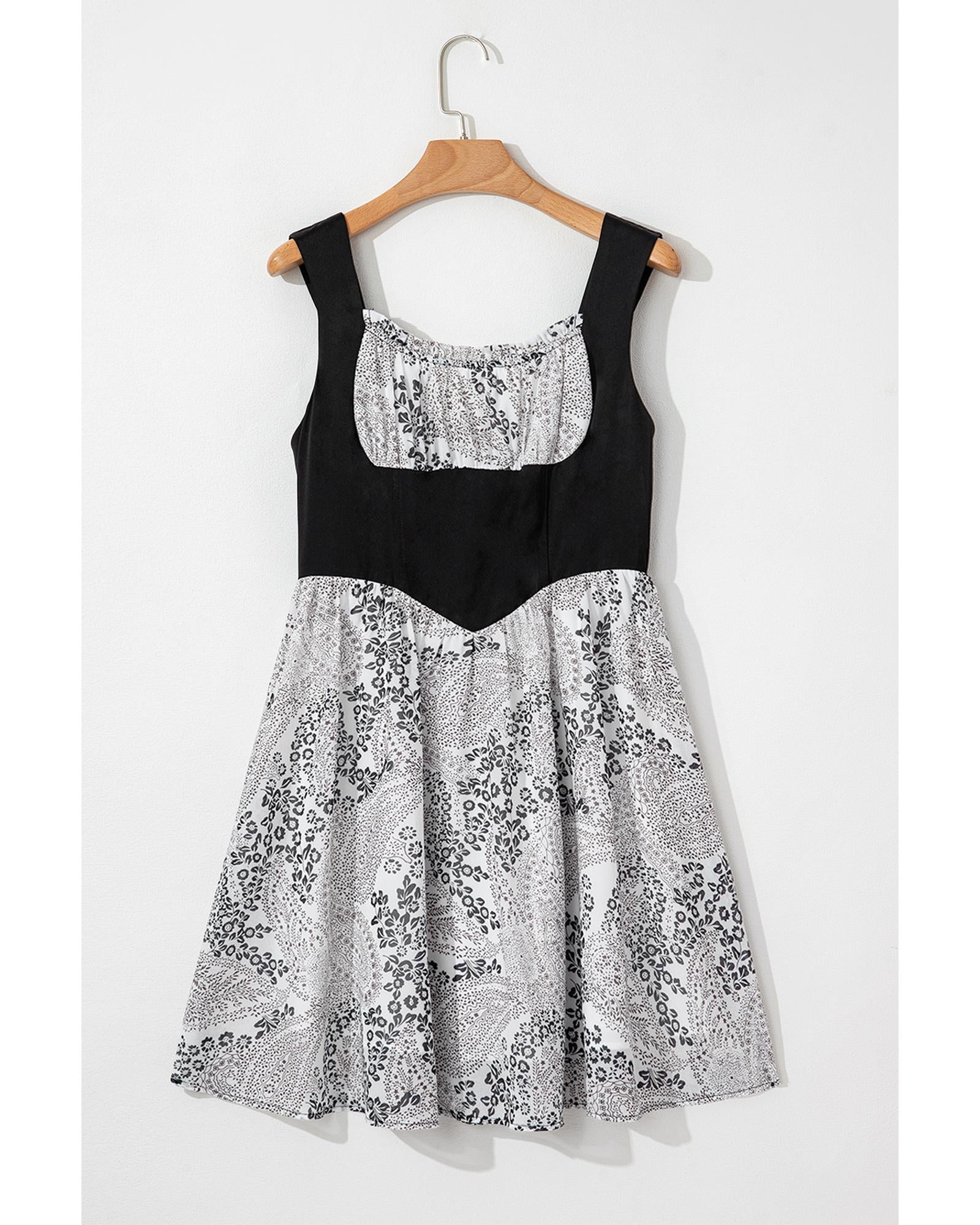 Black Sleeveless Leather Bustier Patchwork Paisley Floral Chiffon Dress - S