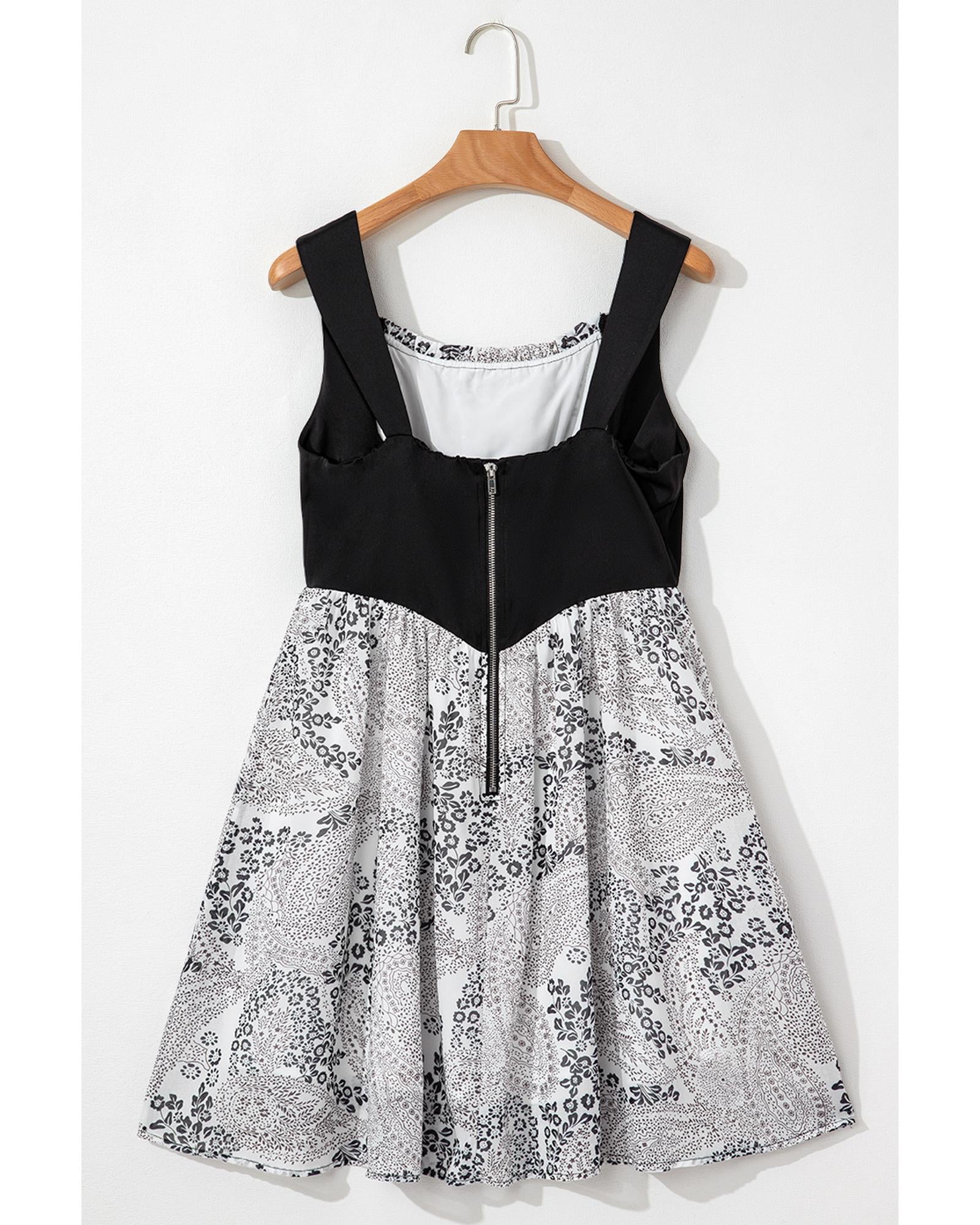 Black Sleeveless Leather Bustier Patchwork Paisley Floral Chiffon Dress - S