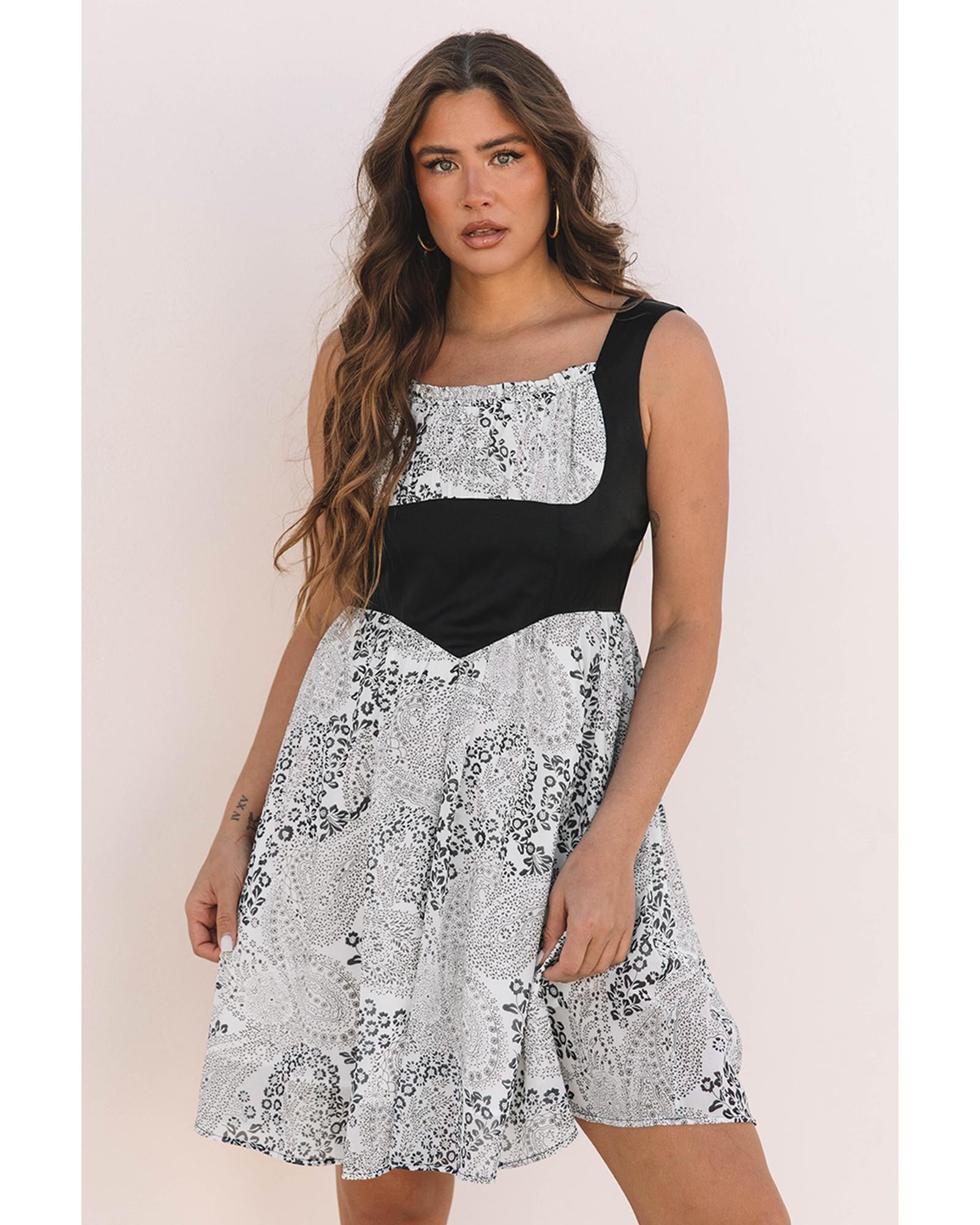 Black Sleeveless Leather Bustier Patchwork Paisley Floral Chiffon Dress - XL