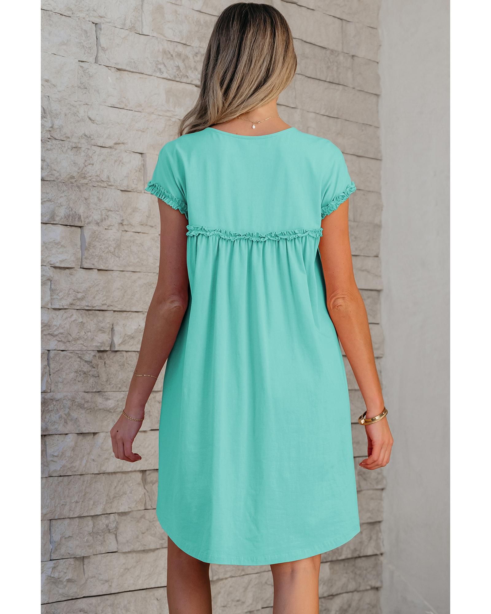 Mint Green Frilled Trim Crew Neck Loose Fit Mini Dress - S