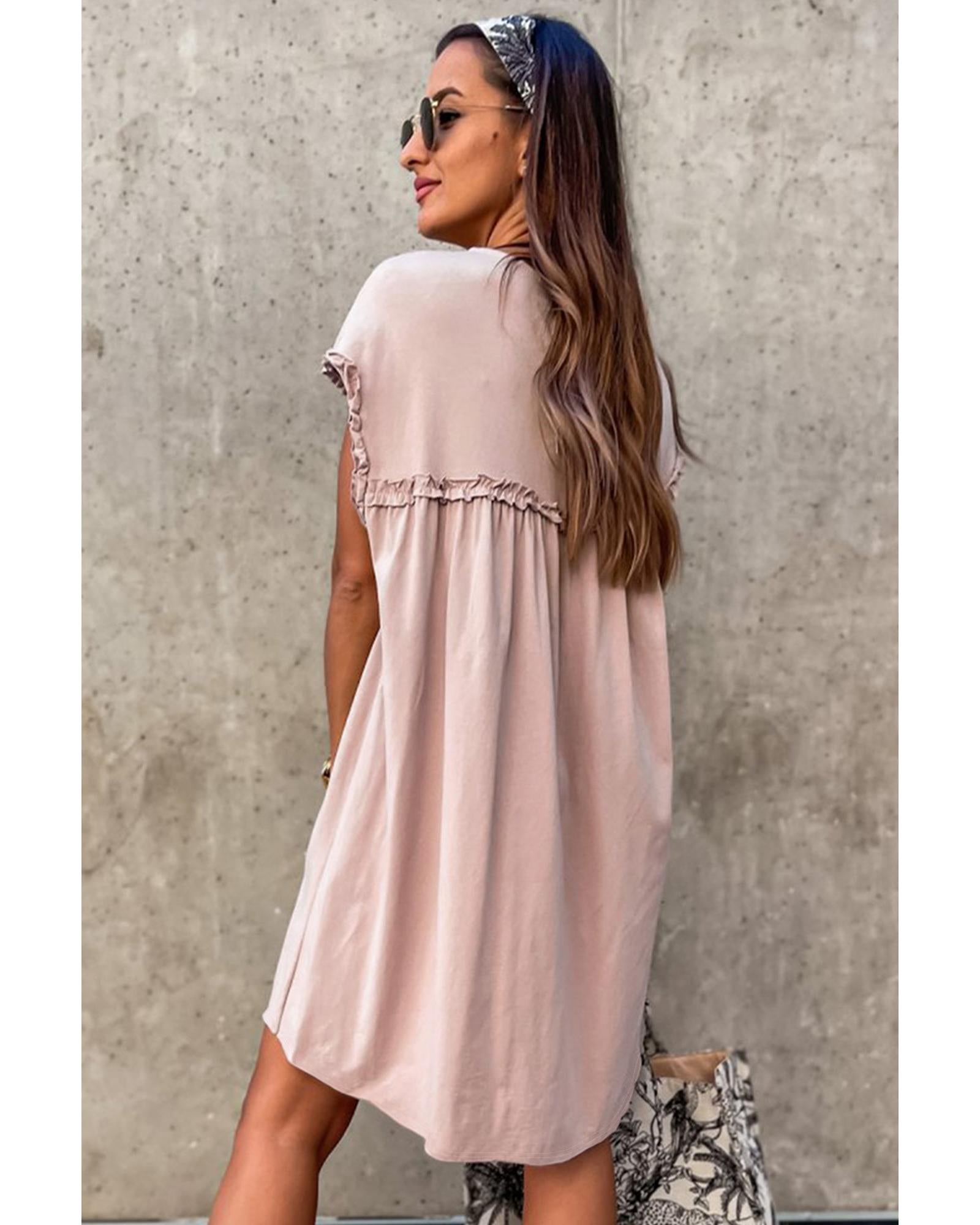 Oatmeal Frilled Trim Crew Neck Loose Fit Mini Dress - XL