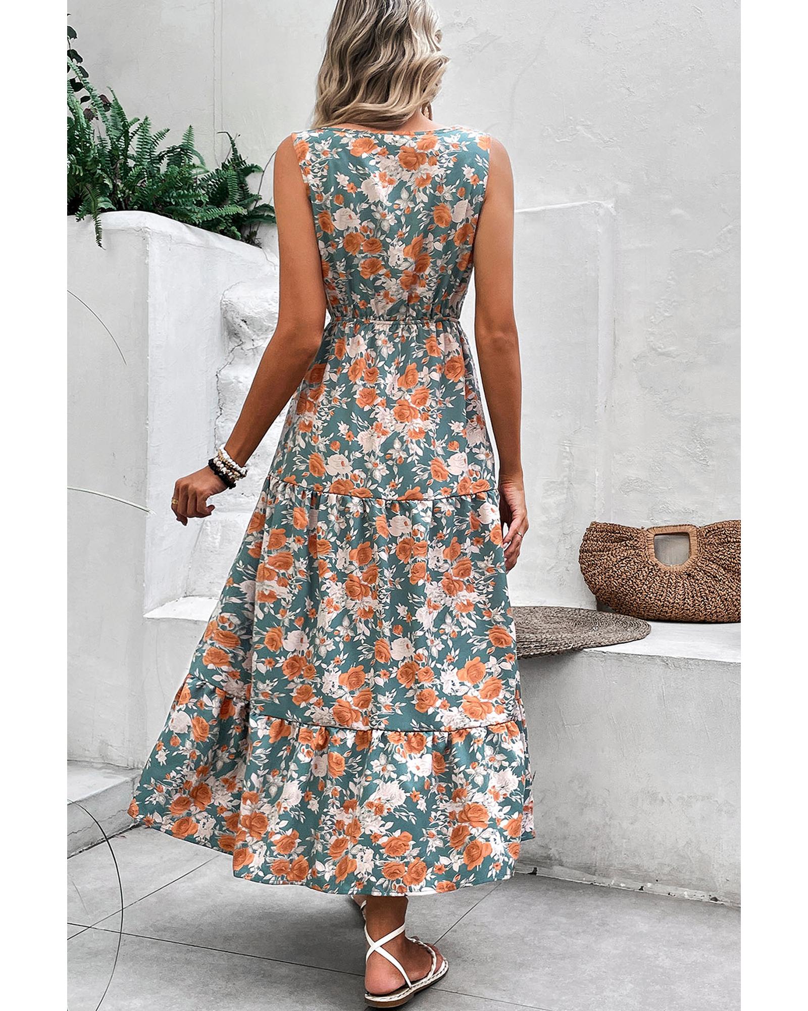Green Floral Print Trimmed V Neck Tie Waist Sleeveless Holiday Long Dress - S
