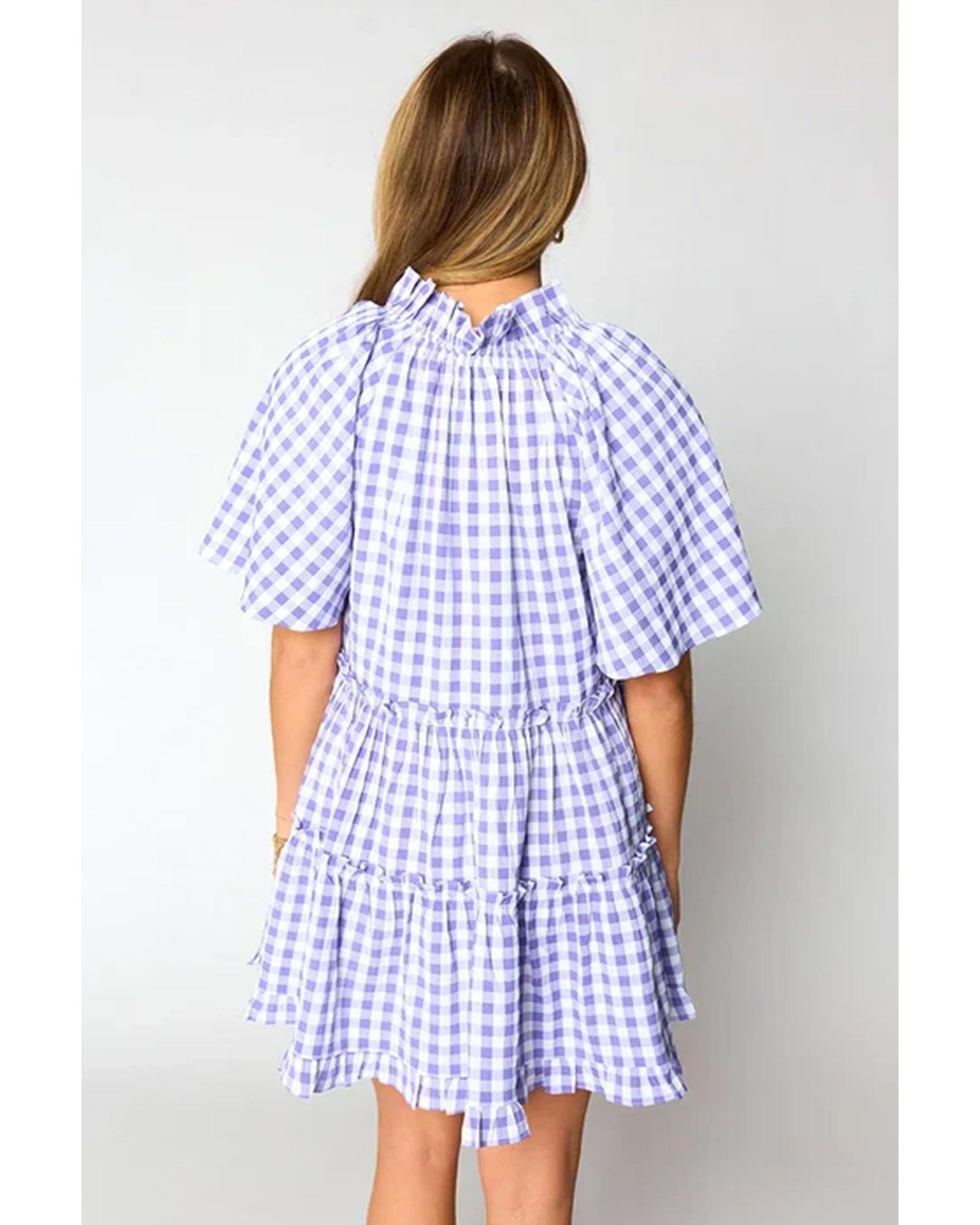 Lavendula Plaid Ruffle Wide Short Sleeve Babydoll Mini Dress - XL